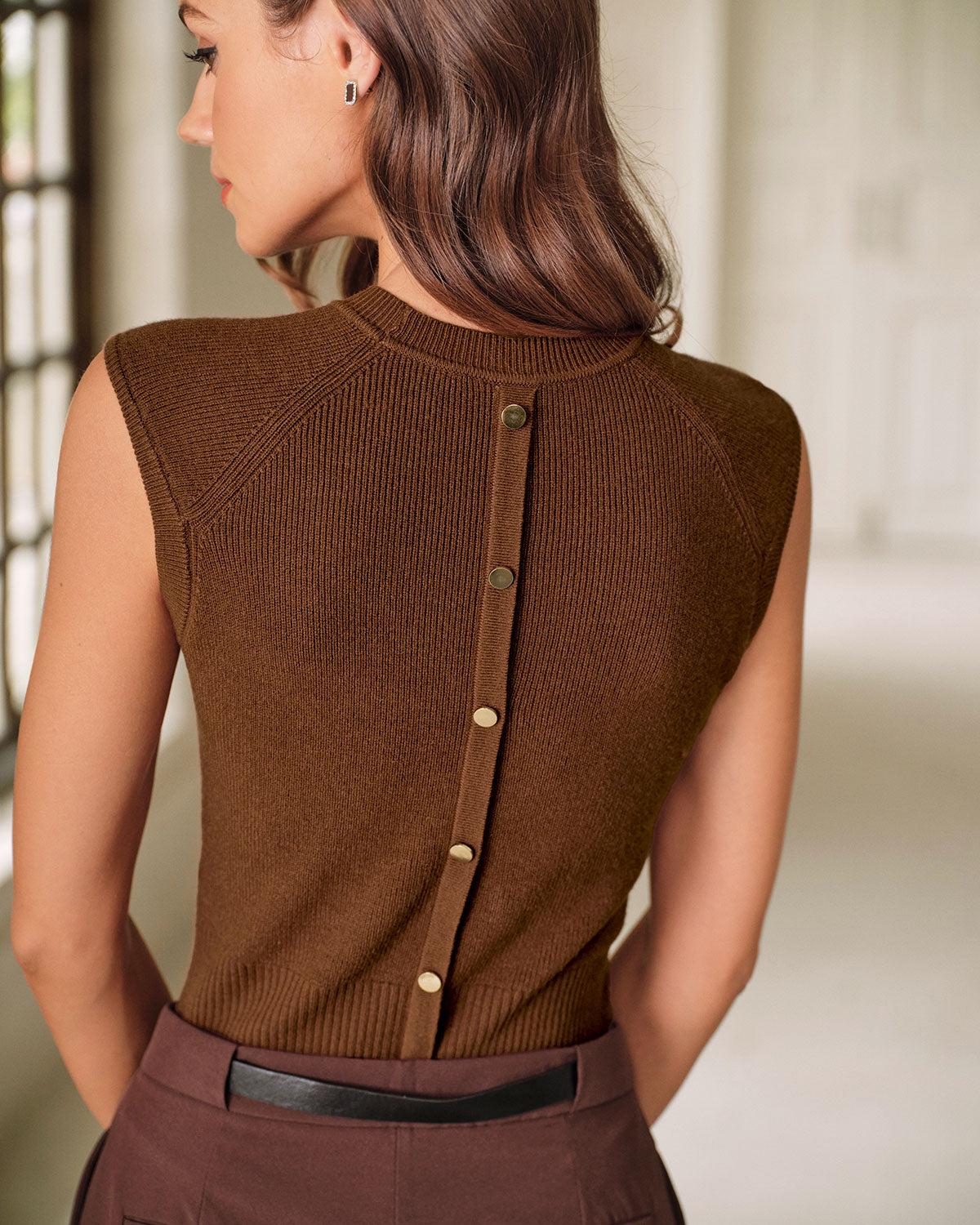 Brown Round Neck Knit Tank Top Product Image