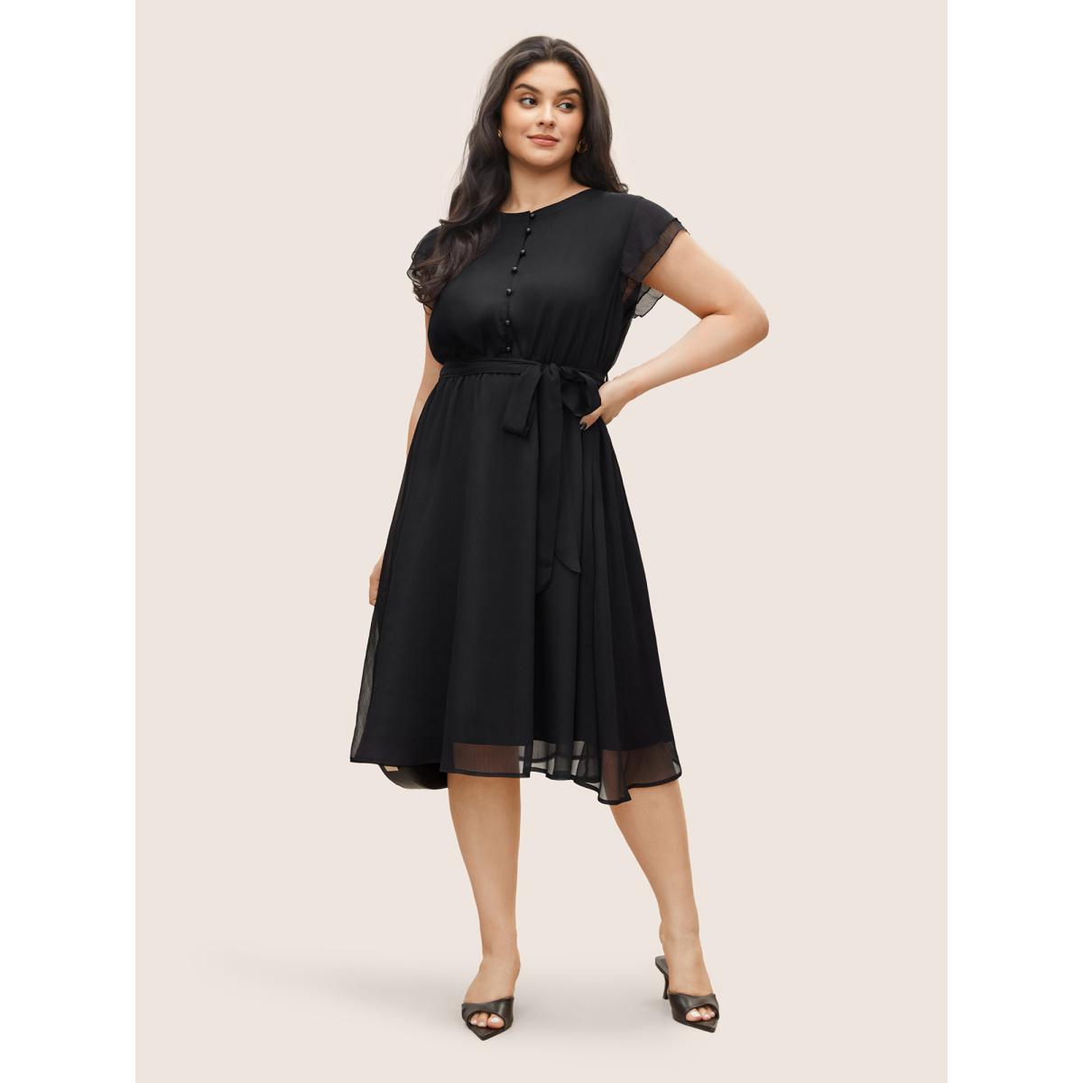Plus Size Solid Mesh Belted Ruffle Cap Sleeve Dress Black Women At the Office Non Round Neck Cap Sleeve Curvy Midi Dress BloomChic 26/4X Product Image