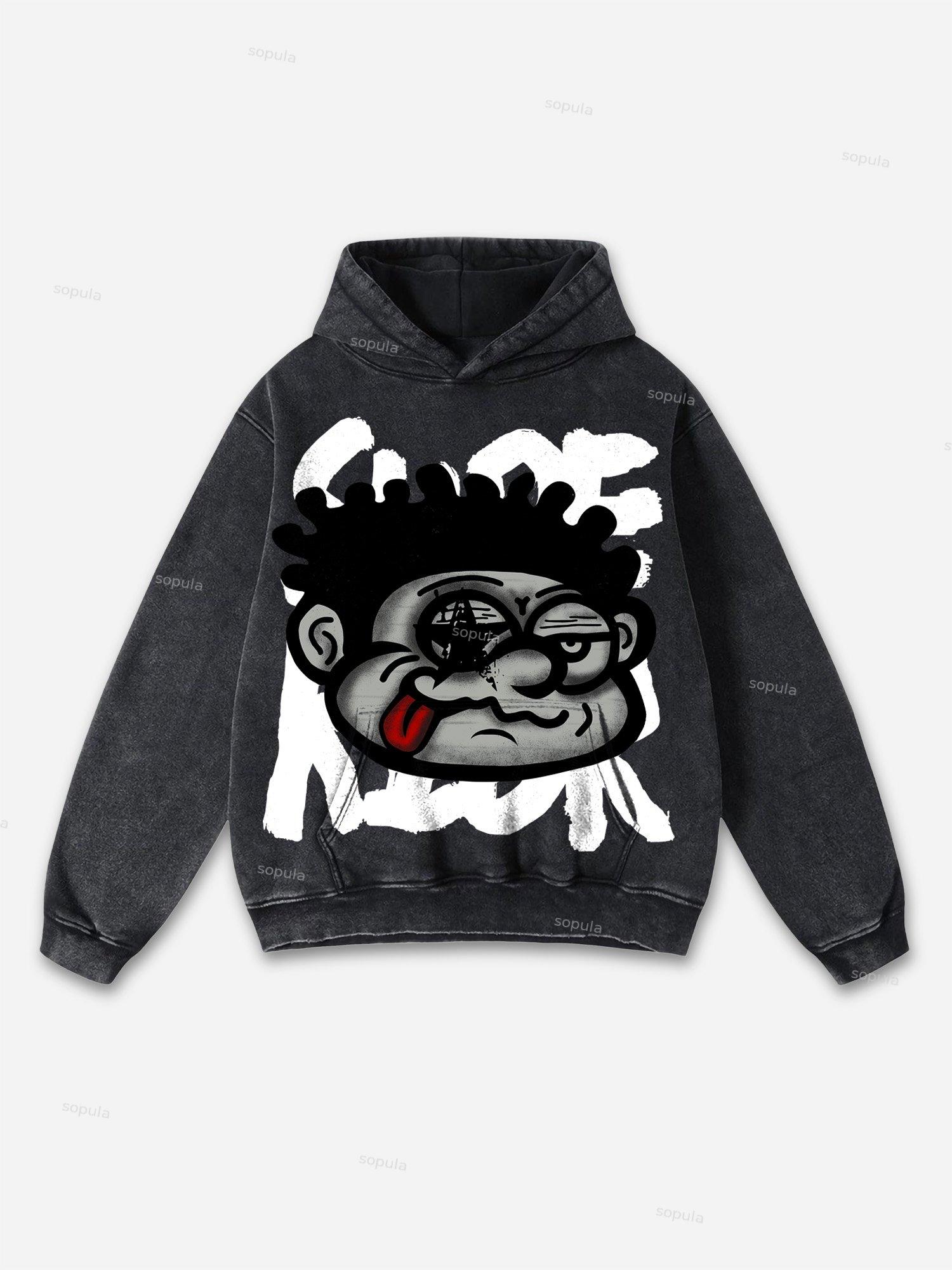 Sopula Vintage Big Face Graphic Print Washed Hoodie Product Image
