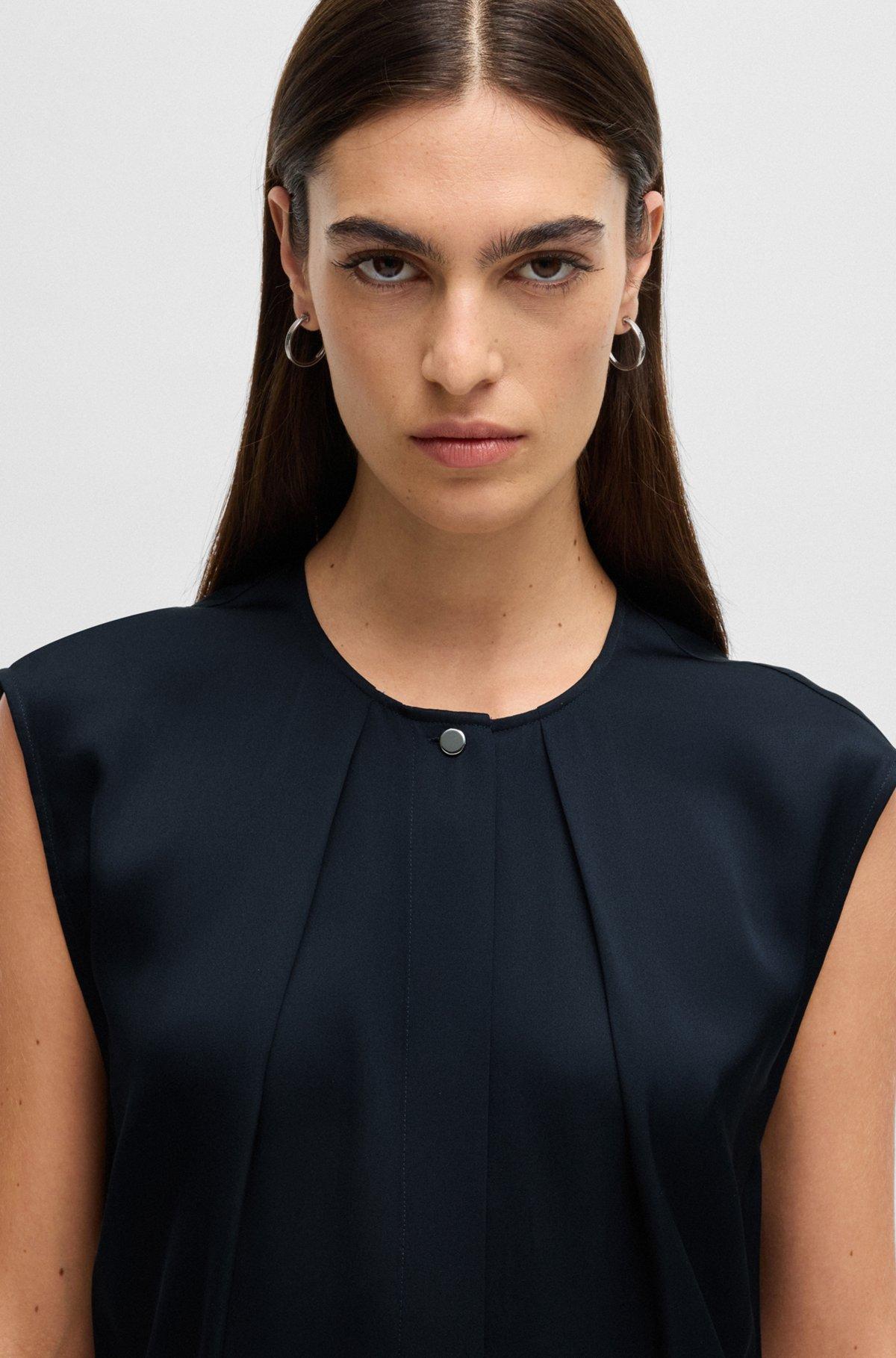 BOSS - Fitted sleeveless blouse in stretch silk with concealed placket - Black Product Image