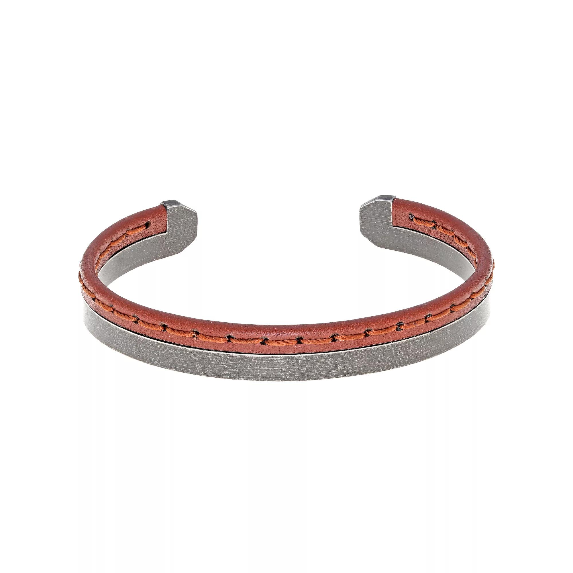 LYNX Men's Stainless Steel & Brown Leather Cuff Bangle Bracelet, Size: 8.5" Product Image