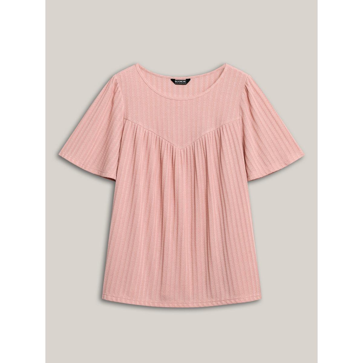 Plus Size Waffle Lotus Leaf Sleeve Flowy T-Shirt Nudepink Women Texture V-neck Loose Everyday-Casual T-shirts BloomChic 10/M Product Image