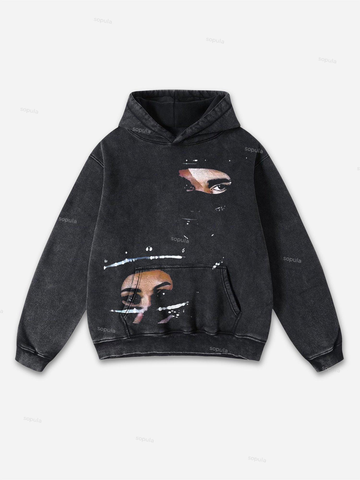 Sopula Vintage Big Face Graphic Print Washed Hoodie Product Image
