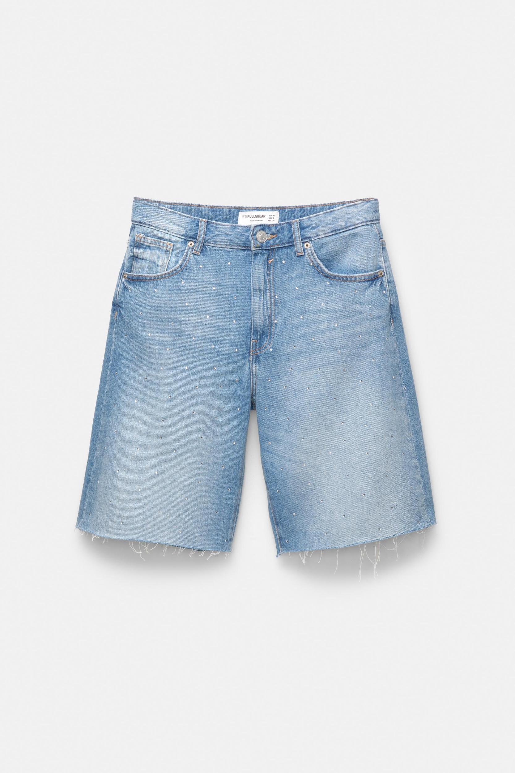 Denim Bermuda shorts with rhinestones Product Image