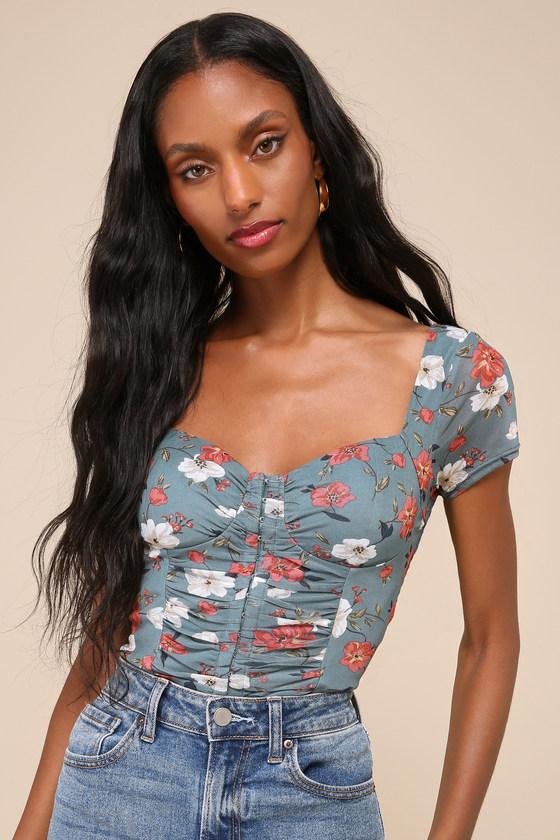 Sweeter Vibes Teal Floral Mesh Short Sleeve Bustier Crop Top Product Image