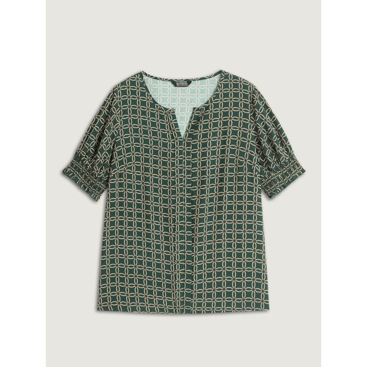 Plus Size DarkGreen Floral Shirred Split Neckline Blouse Women Short sleeve Flat collar with V-notch Work Blouses BloomChic 26/4X Product Image