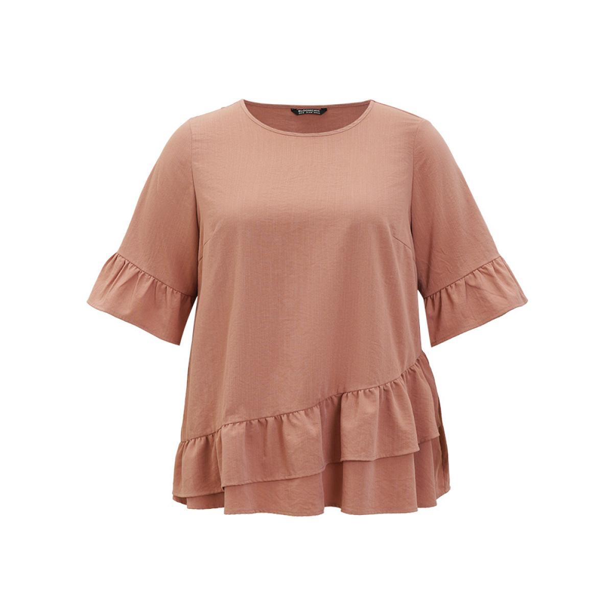 Plus Size Rouge Solid Bell Sleeve Ruffle Layered Blouse Women Elegant Half Sleeve Round Neck Dailywear Blouses BloomChic 10/M Product Image