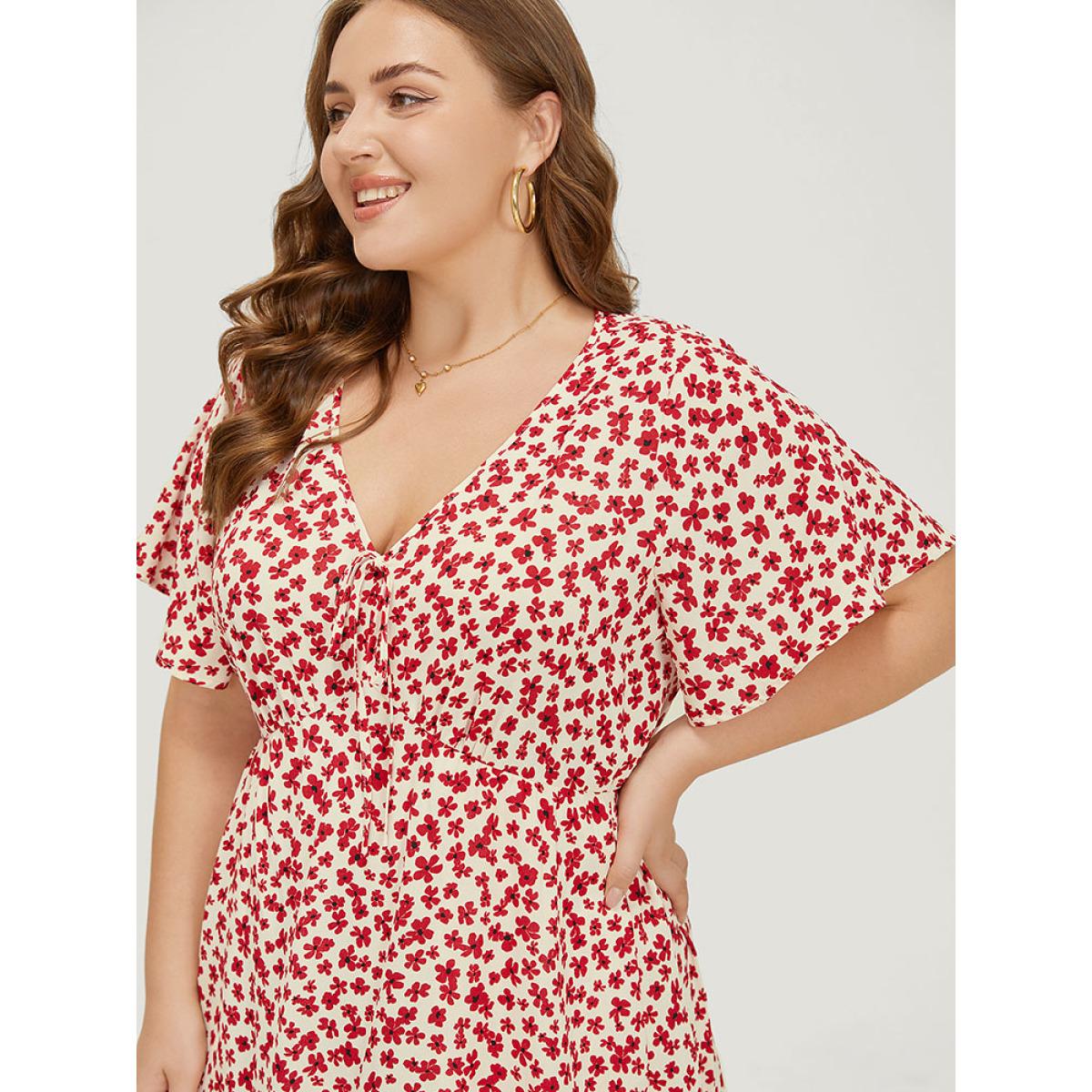 Plus Size Ditsy Floral Knot Front Pocket Ruffle Hem Dress Red Women Elegant Knotted V-neck Short sleeve Curvy Midi Dress BloomChic 30/6X Product Image