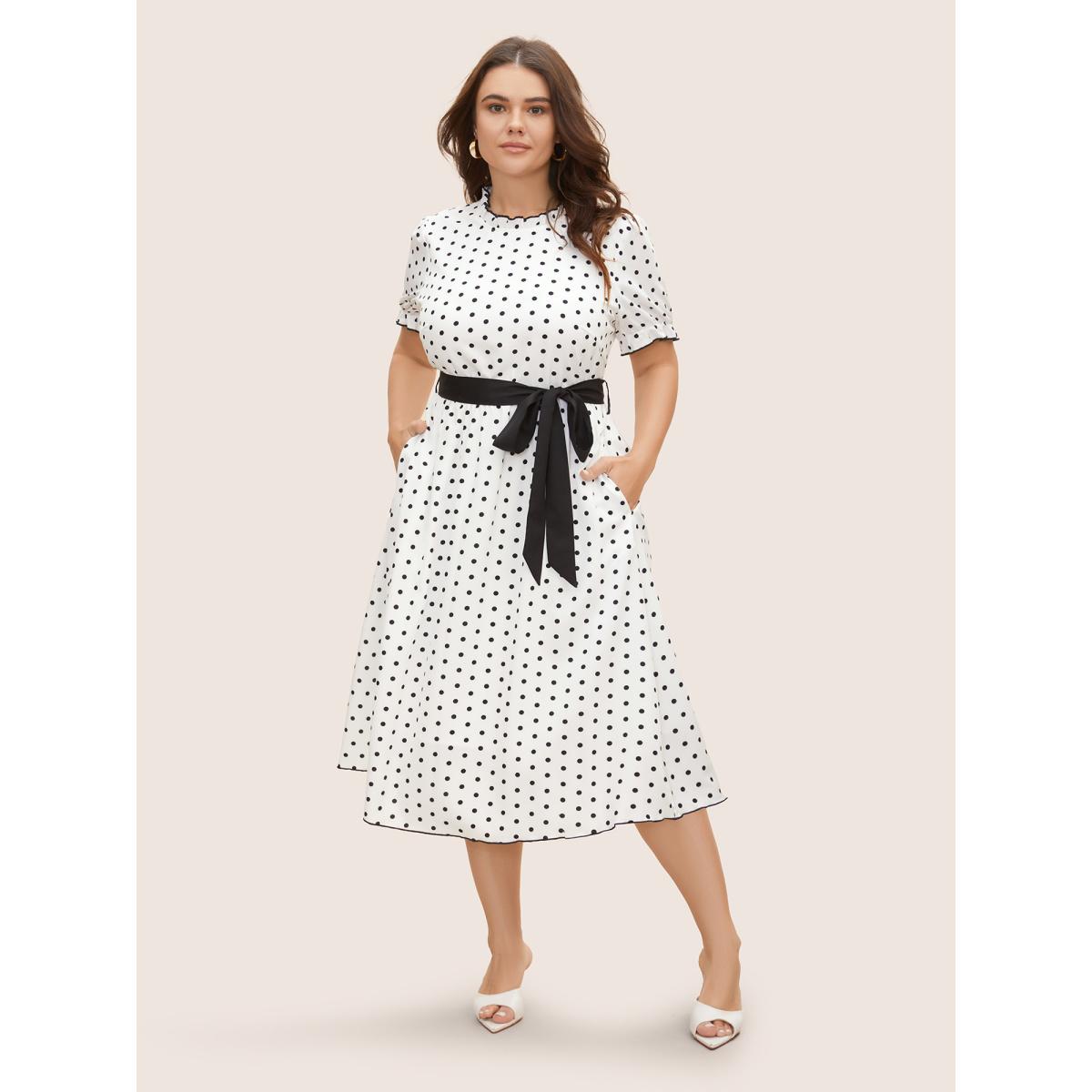 Plus Size Bow Polka Dot Midi Dress Originalwhite Women Elegant Belted Mock Neck Short sleeve Curvy BloomChic 26/4X Product Image