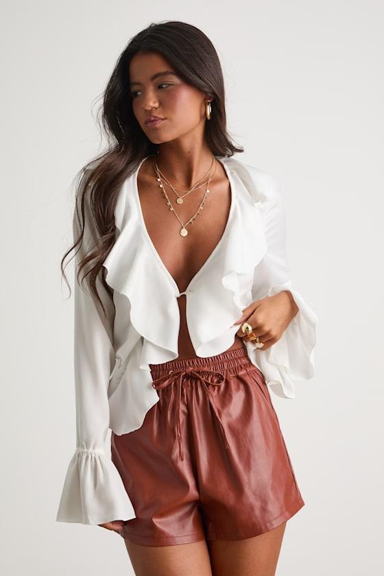 Casual Luxury Rust Brown Vegan Leather Drawstring Shorts Product Image