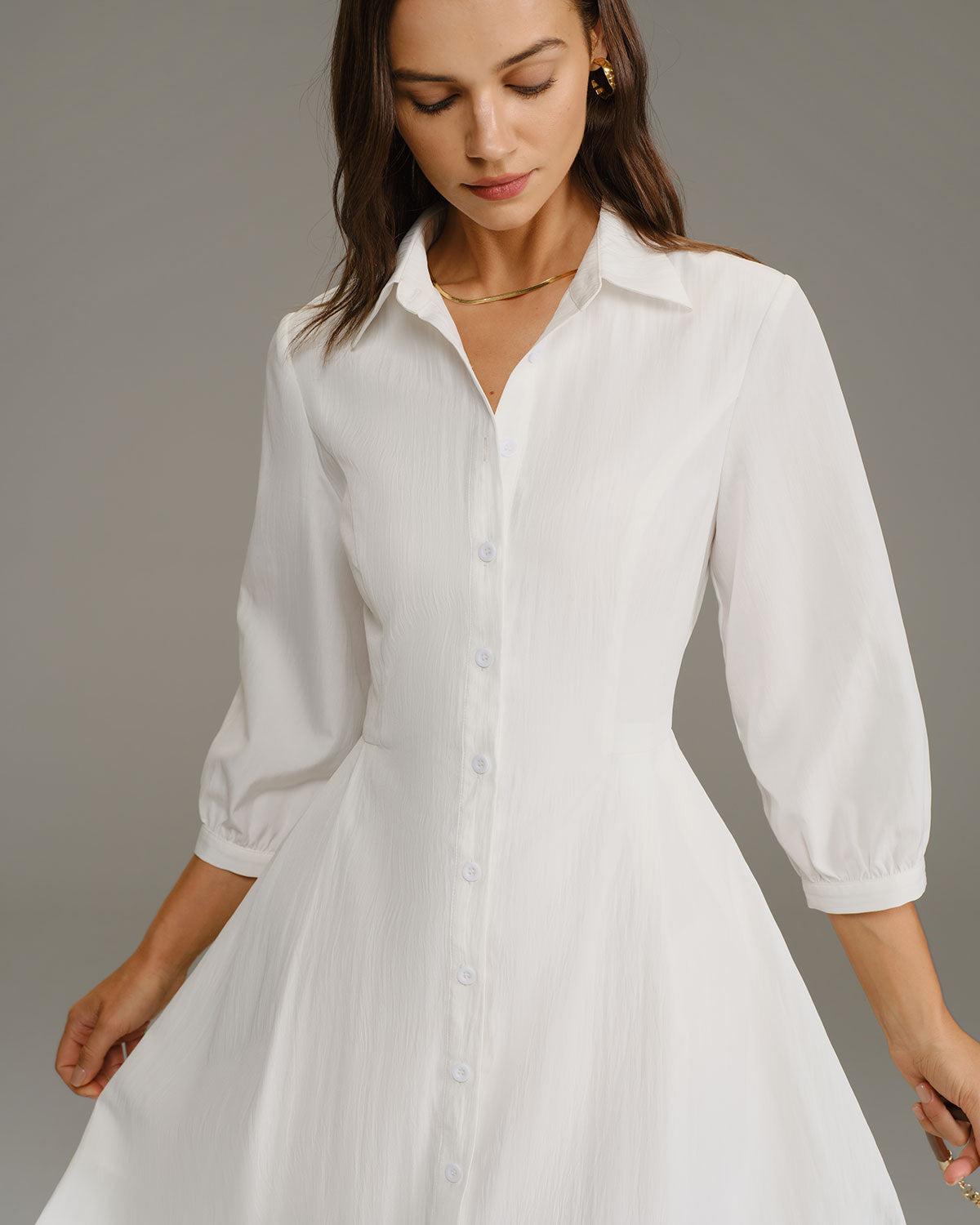 White A-Line Button Midi Dress Product Image