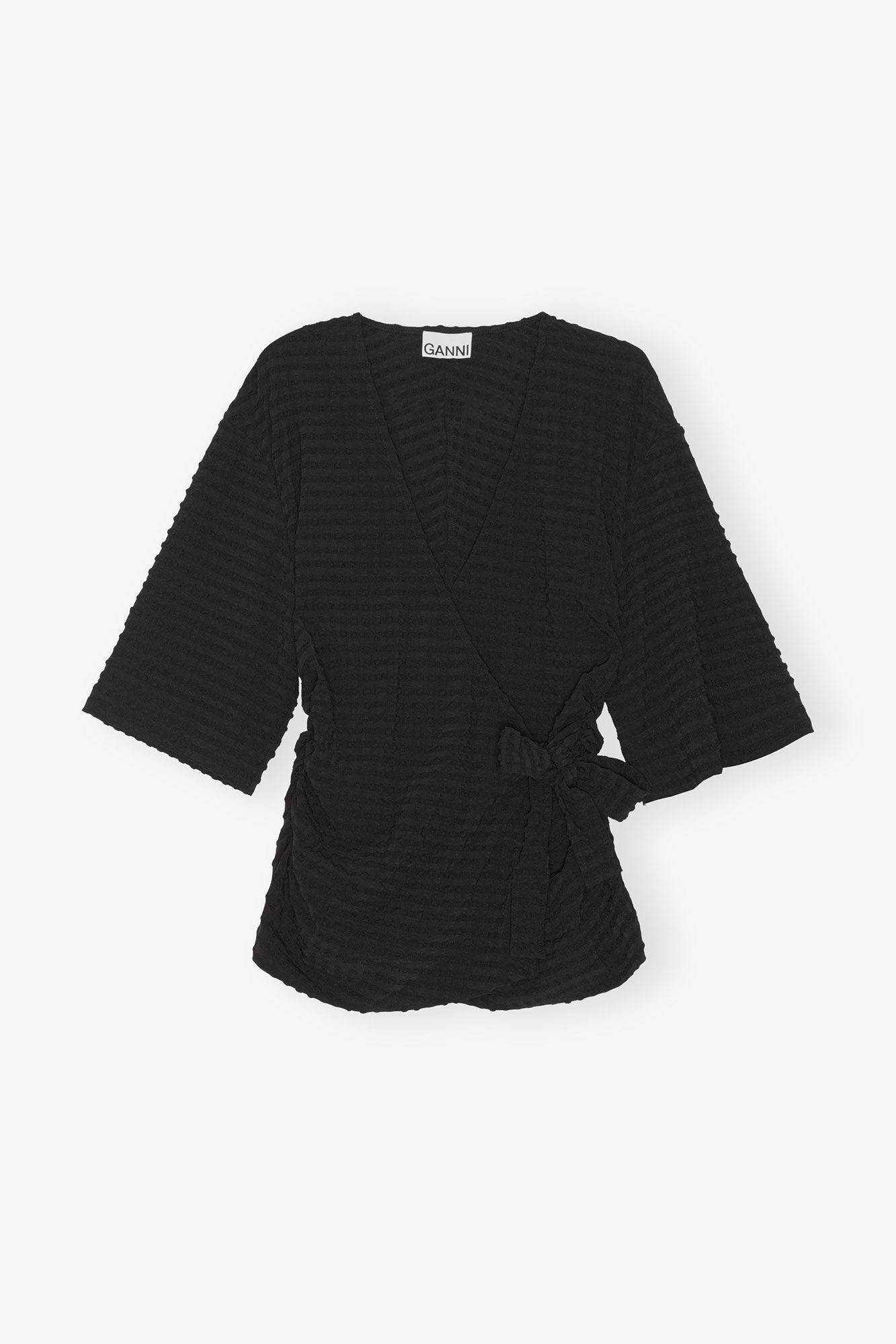 Black Stretch Seersucker Wrap Blouse Product Image