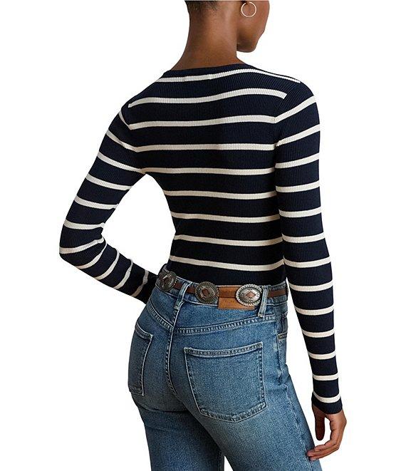 Lauren Ralph Lauren Ribbed Knit Striped Round Neck Long Sleeve Top Product Image