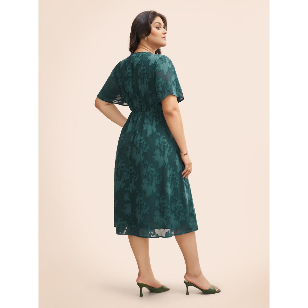 Plus Size Overlap Collar Jacquard Split Hem Dress Cyan Women Elegant Texture Overlap Collar Short sleeve Curvy BloomChic 22-24/3X Product Image