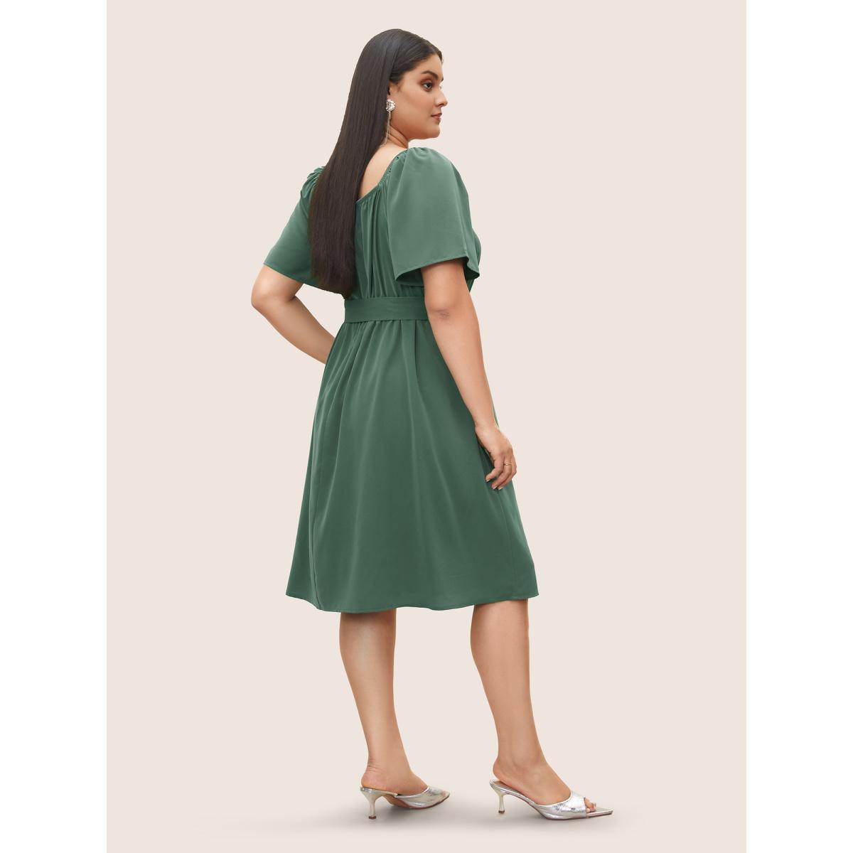 Plus Size Anti-Wrinkle Square Neck Scalloped Trim Ruffle Sleeve Dress Cyan Women At the Office Belted Square Neck Short sleeve Curvy Midi Dress BloomChic 14-16/1X Product Image