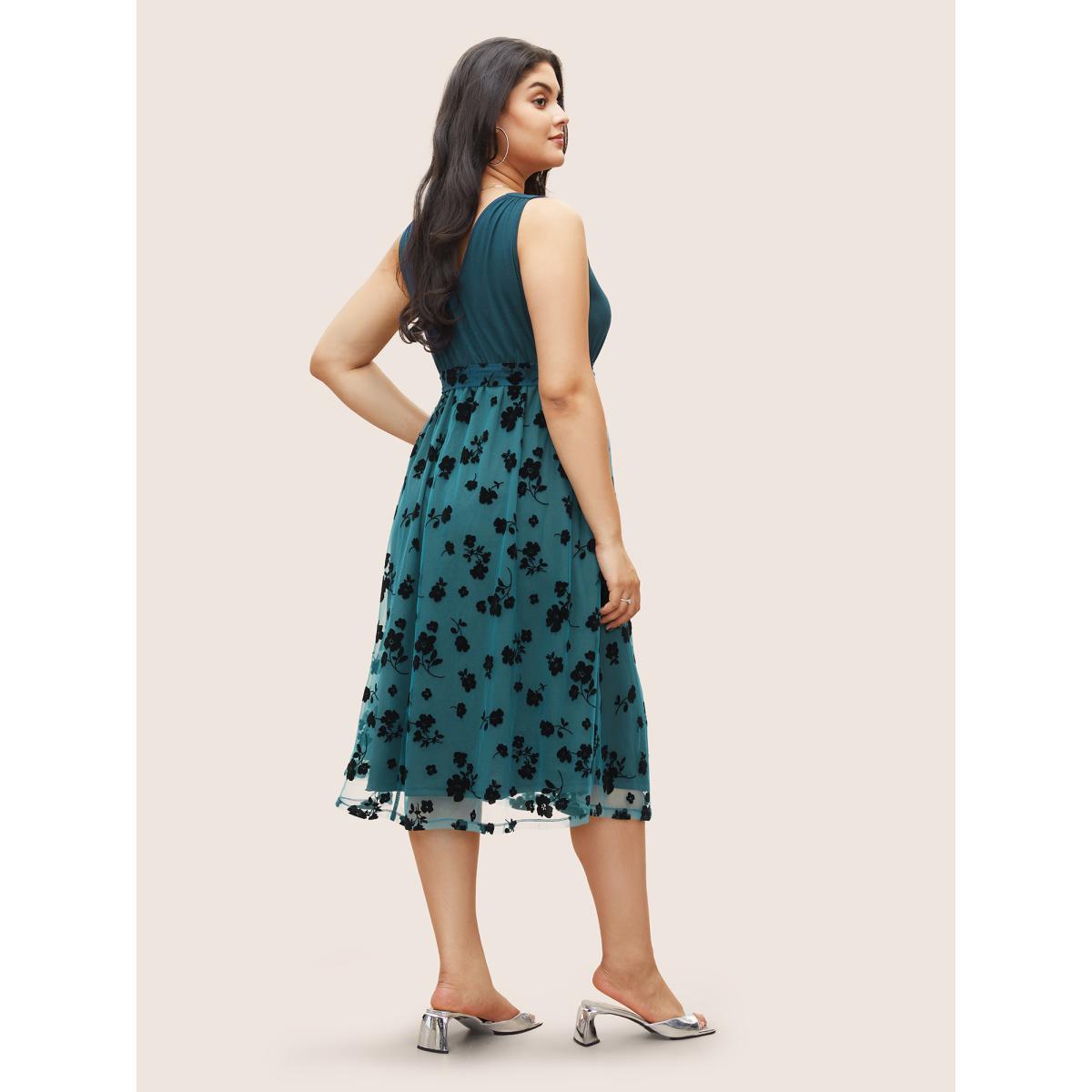 Plus Size Floral Mesh Patchwork Surplice Neck Tank Dress Cerulean Women Party&Cocktail Non Overlap Collar Sleeveless Curvy Midi Dress BloomChic 14-16/1X Product Image