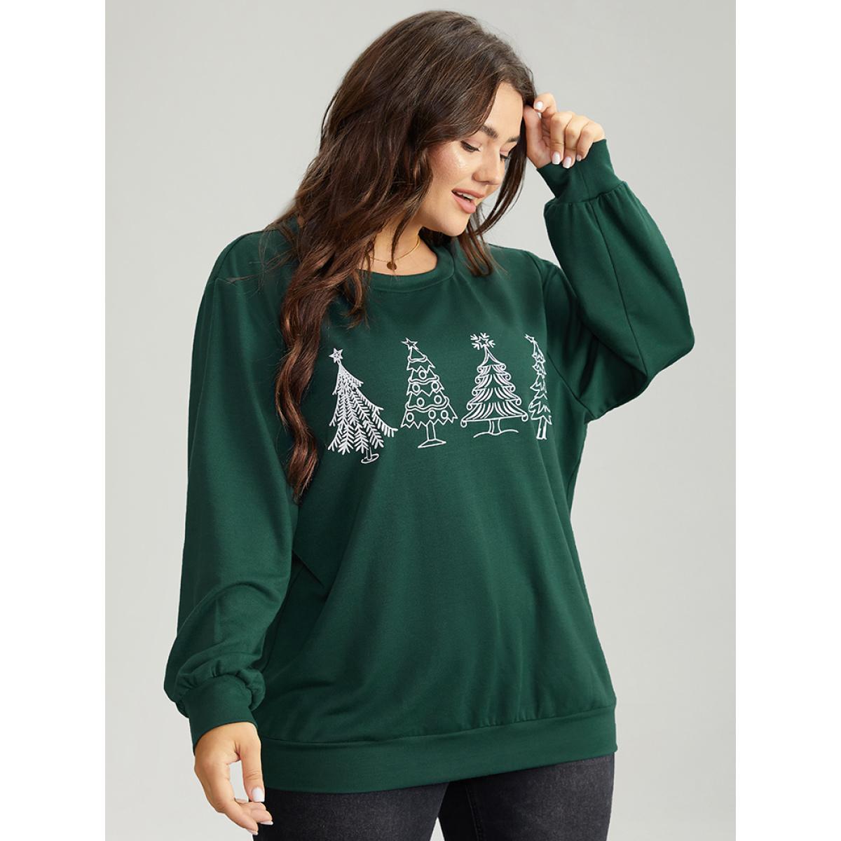 Plus Size Christmas Trees Round Neck Sweatshirt Women DarkGreen Casual Elastic cuffs Festival-Christmas Sweatshirts BloomChic 10/M Product Image