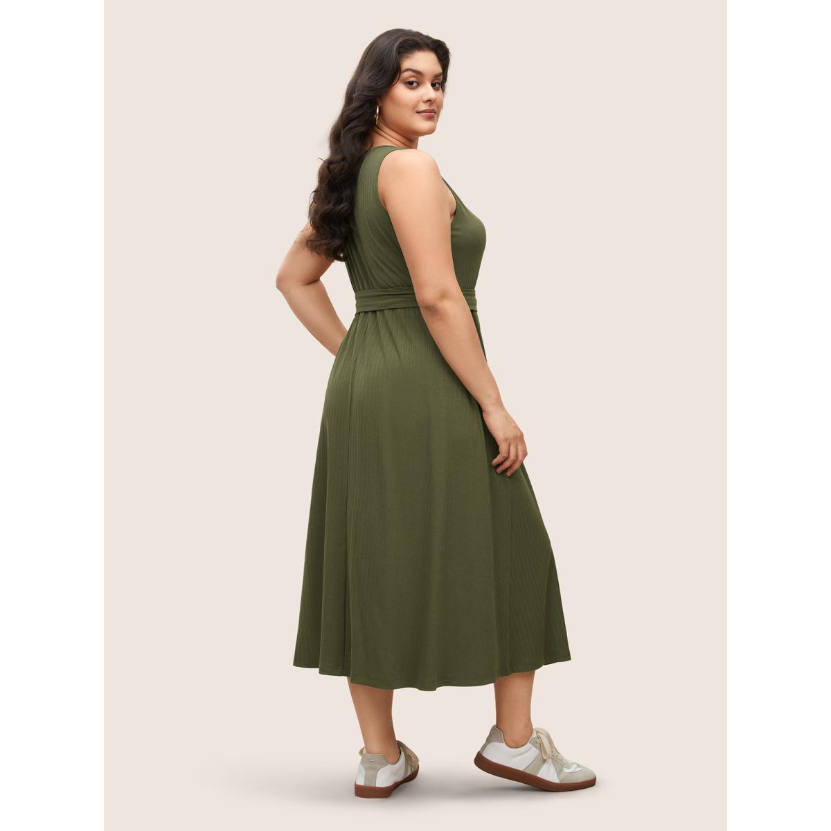 Plus Size Solid Button Detail Sleeveless Knit Dress ArmyGreen Women Casual Texture U-neck Sleeveless Curvy Midi Dress BloomChic 14-16/1X Product Image