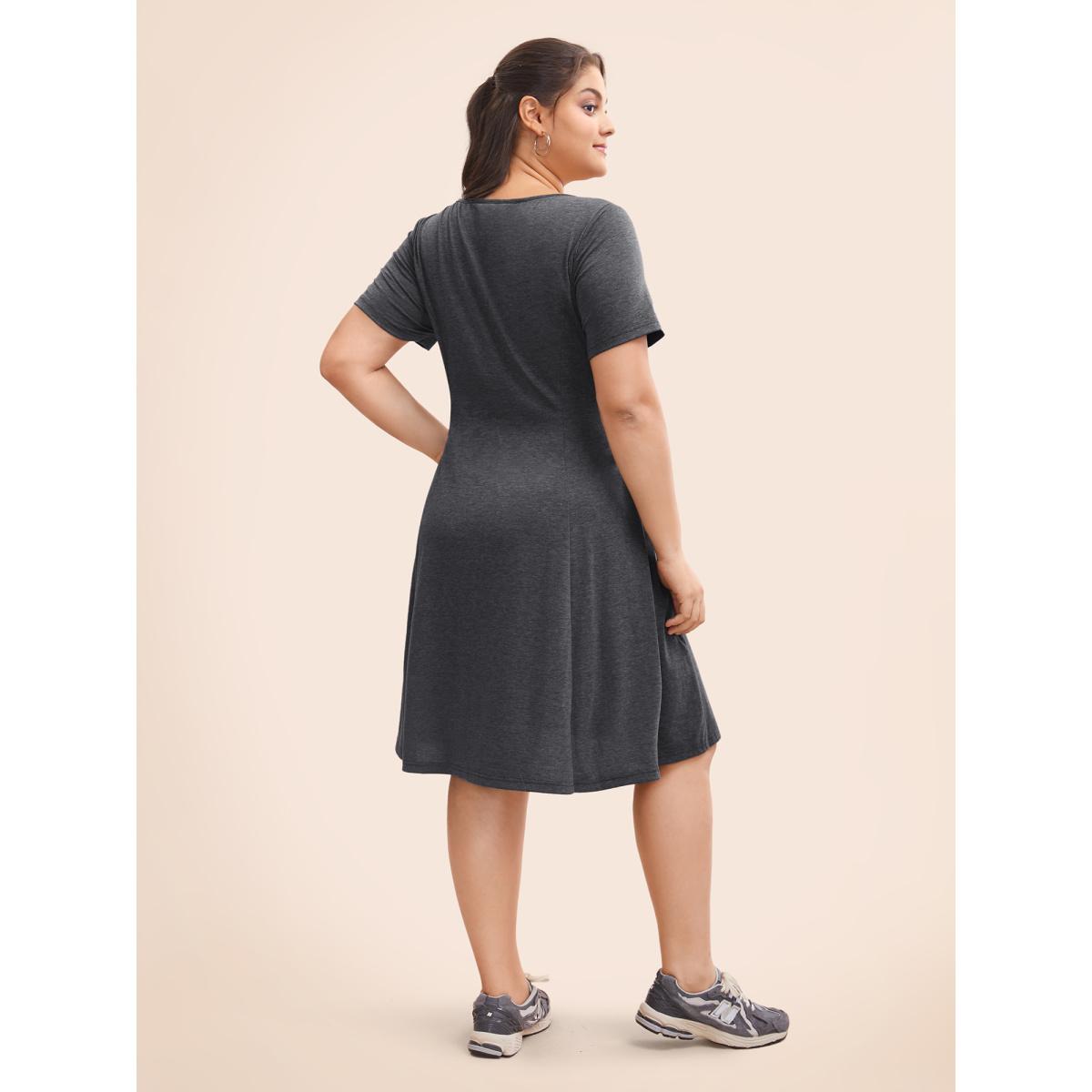 Plus Size Solid Heart Neckline Ruched Dress DarkSlateGray Women Casual Gathered Heart neckline Short sleeve Curvy BloomChic 18-20/2X Product Image
