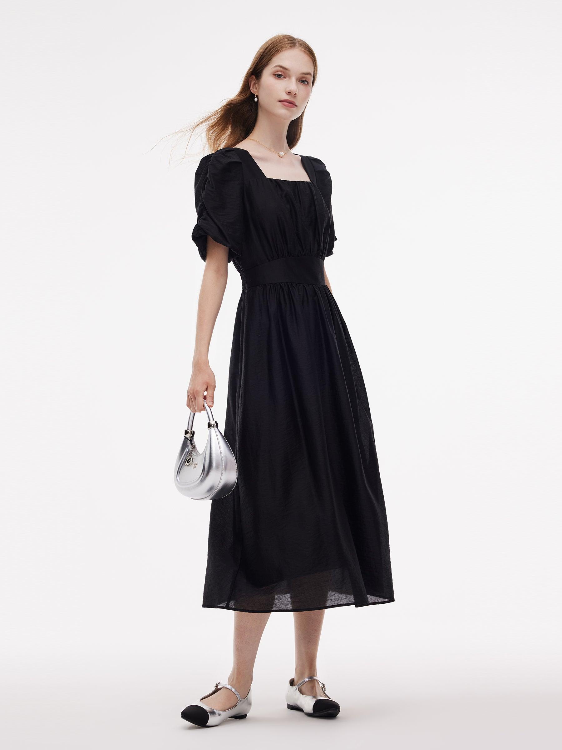 Tencel Blend Square Neck Women Puff Sleeve Maxi Dress Product Image