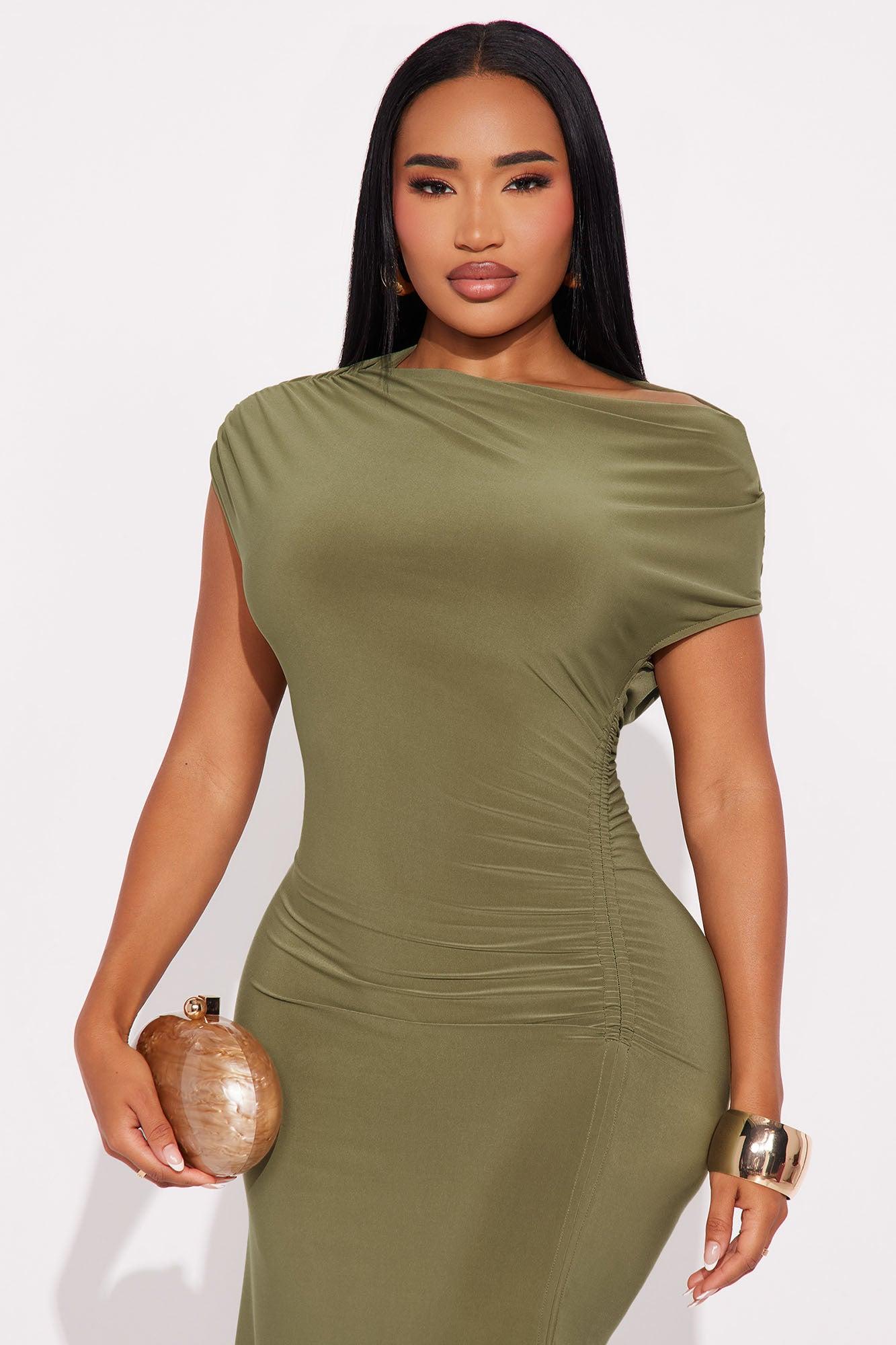 Alexia Asymmetrical Ruched Midi Dress - Olive Female Product Image