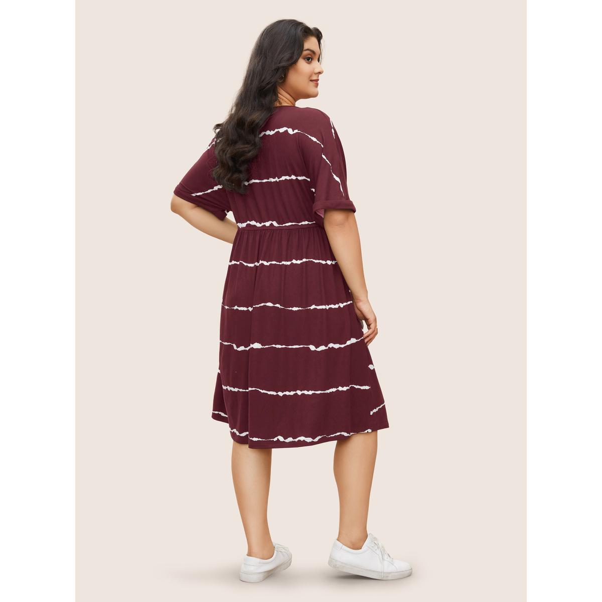 Plus Size Tie Dye Roll Dolman Sleeve Pocket Gathered Knot Striped Dress Scarlet Women Casual Non V-neck Short sleeve Curvy Midi Dress BloomChic 18-20/2X Product Image