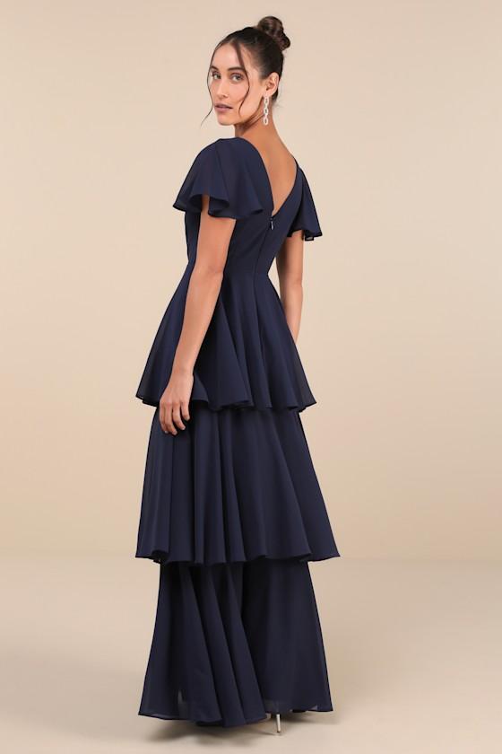 Sincerely Exquisite Navy Blue Short Sleeve Tiered Maxi Dress Product Image