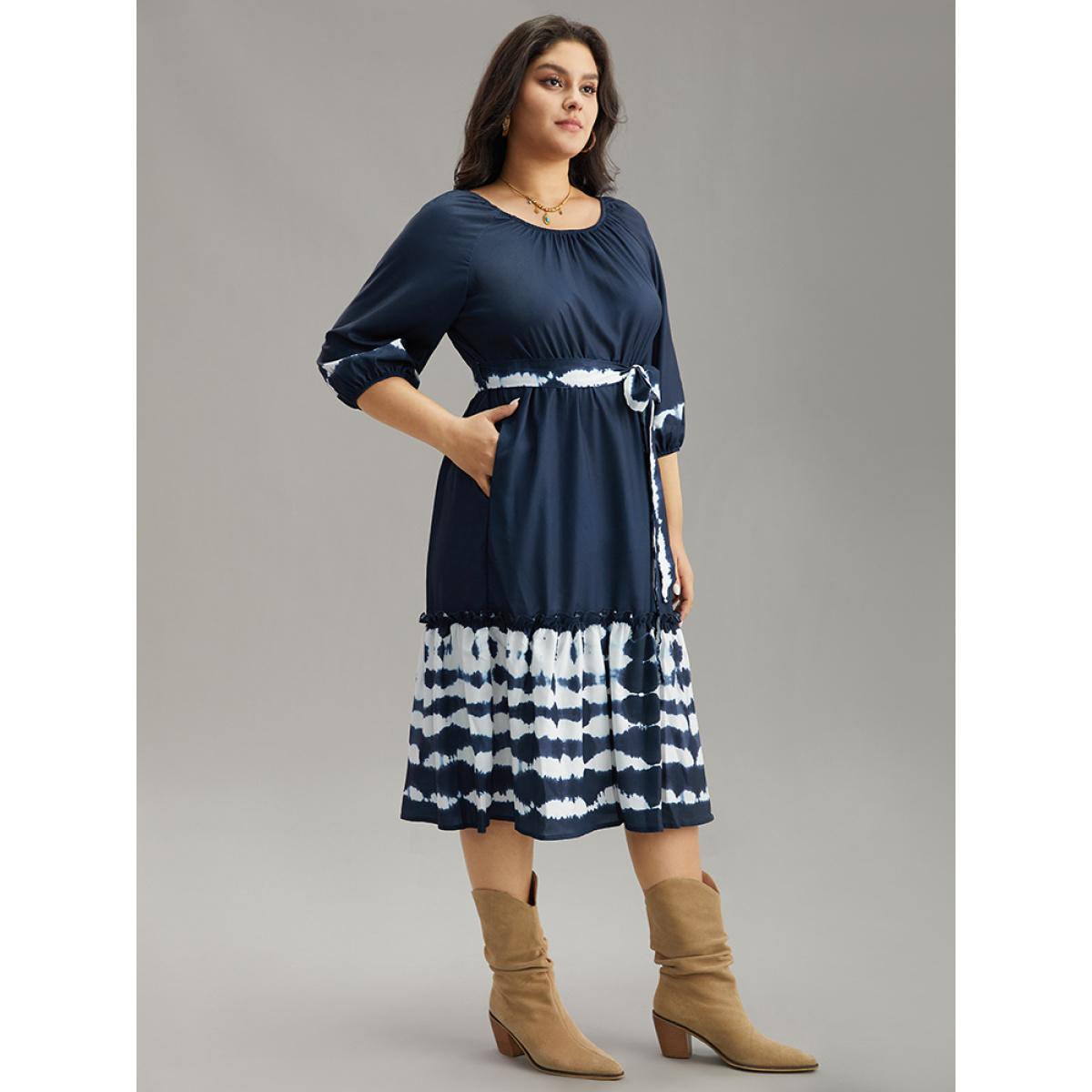 Plus Size Tie Dye Gathered Belted Lantern Sleeve Dress DarkBlue Women Vacation Elastic cuffs Round Neck Elbow-length sleeve Curvy Midi Dress BloomChic 22-24/3X Product Image