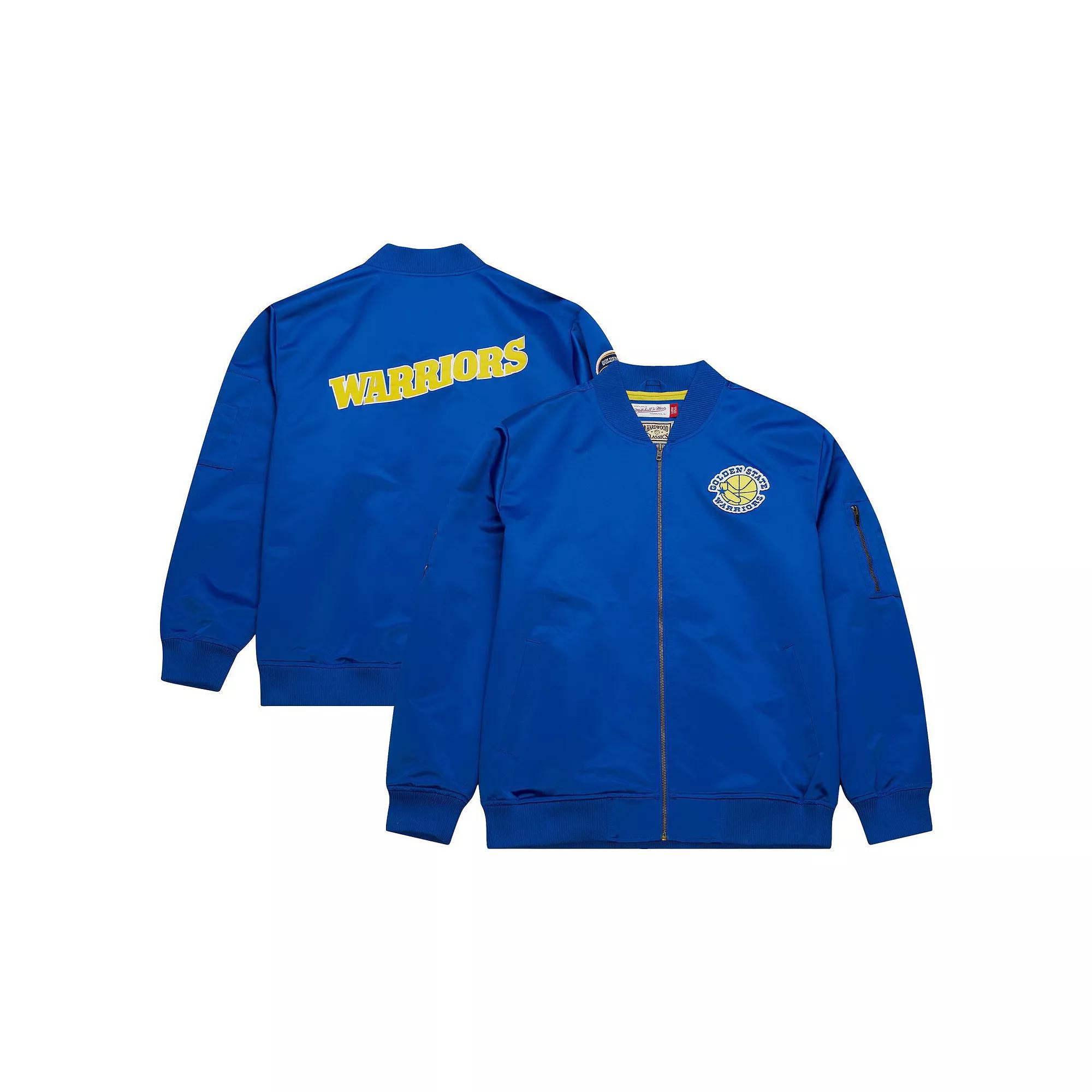 Men's Mitchell & Ness Royal Golden State Warriors Hardwood Classics Vintage Logo Full-Zip Bomber Jacket,  Product Image