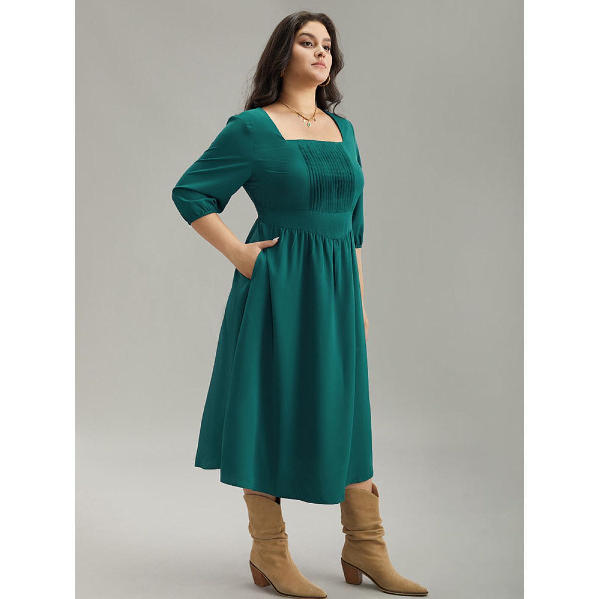 Plus Size Anti-Wrinkle Square Neck Pleated Gathered Dress Aegean Women Vacation Elastic cuffs Square Neck Elbow-length sleeve Curvy Midi Dress BloomChic 10/M Product Image