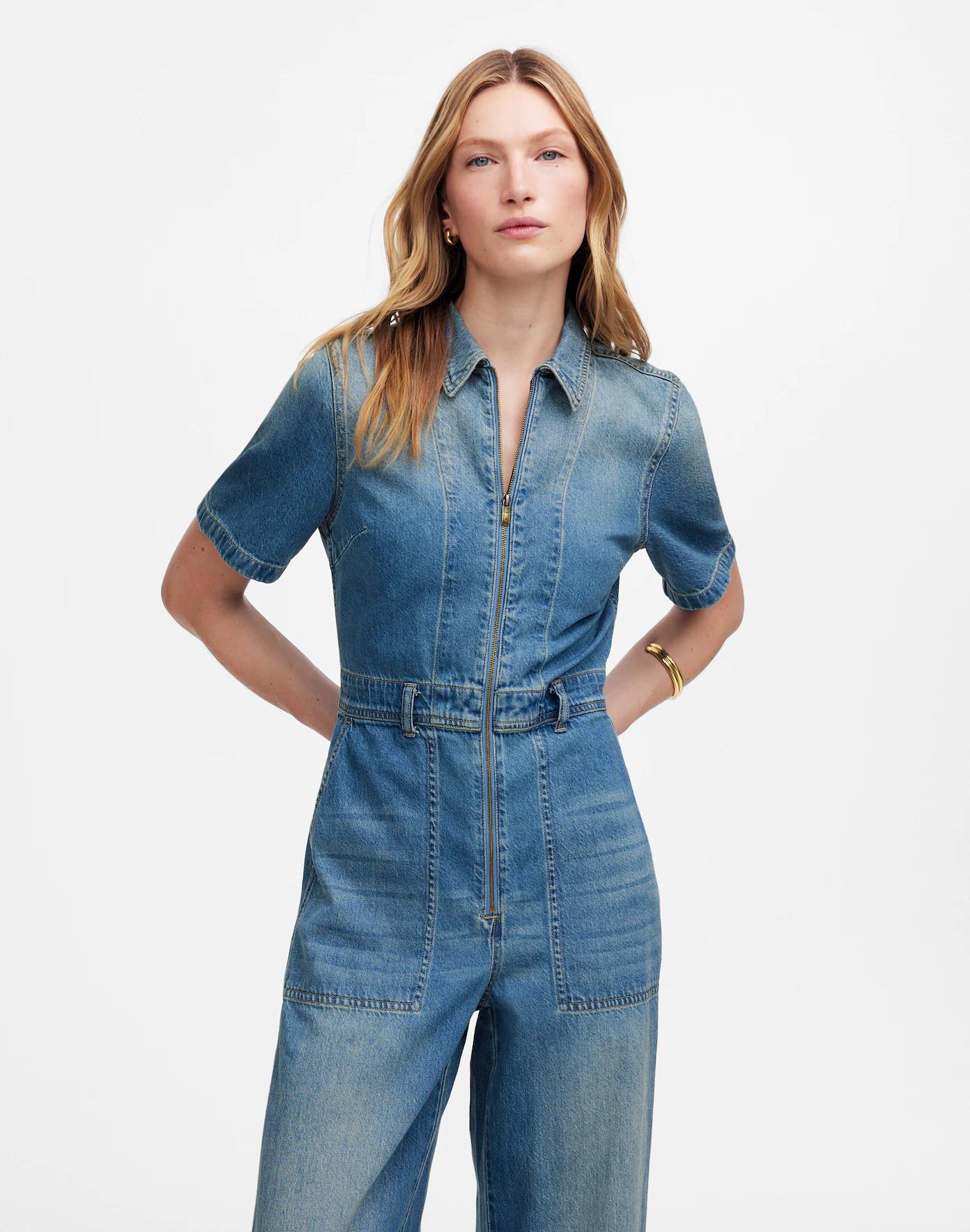 Zip-Front Denim Coveralls in Robertson Wash Product Image
