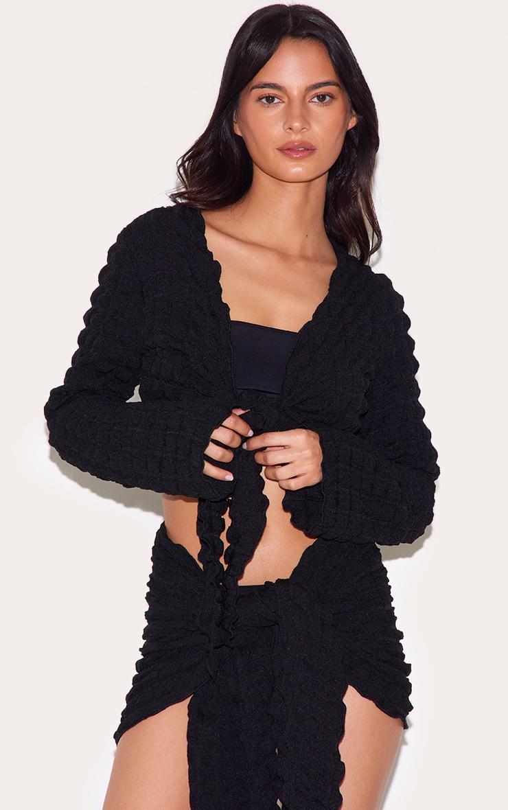 Black Bubble Texture Tie Front Top And Sarong Beach Set Product Image