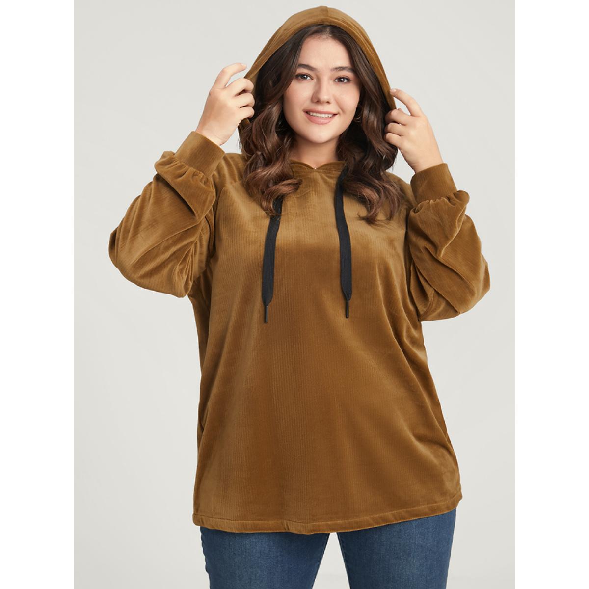 Plus Size Solid Corduroy Drawstring Hooded Sweatshirt Women DarkBrown Casual Drawstring Hooded Dailywear Sweatshirts BloomChic 12/L Product Image