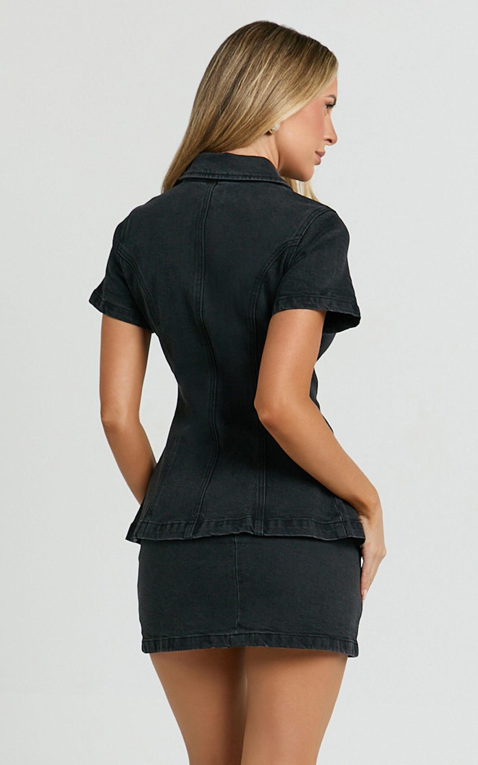 Paige Top - Button Down Short Sleeve Denim Top in Washed Black Product Image