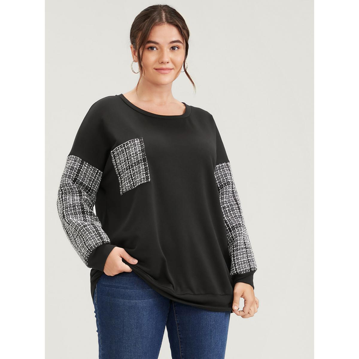 Plus Size Colorblock Contrast Pocket Raw Trim Drop Shoulder Sweatshirt Women Black Casual Patchwork Round Neck Dailywear Sweatshirts BloomChic 12/L Product Image