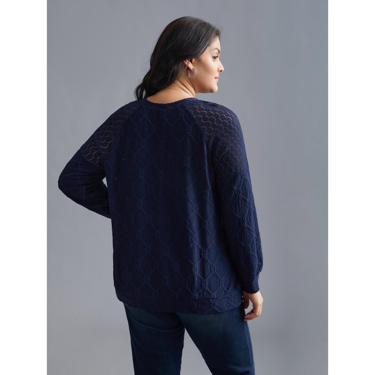 Plus Size Raglan Lace Mesh Sleeve Textured Sweatshirt Women Indigo Elegant See through Round Neck Everyday Sweatshirts BloomChic 26/4X Product Image