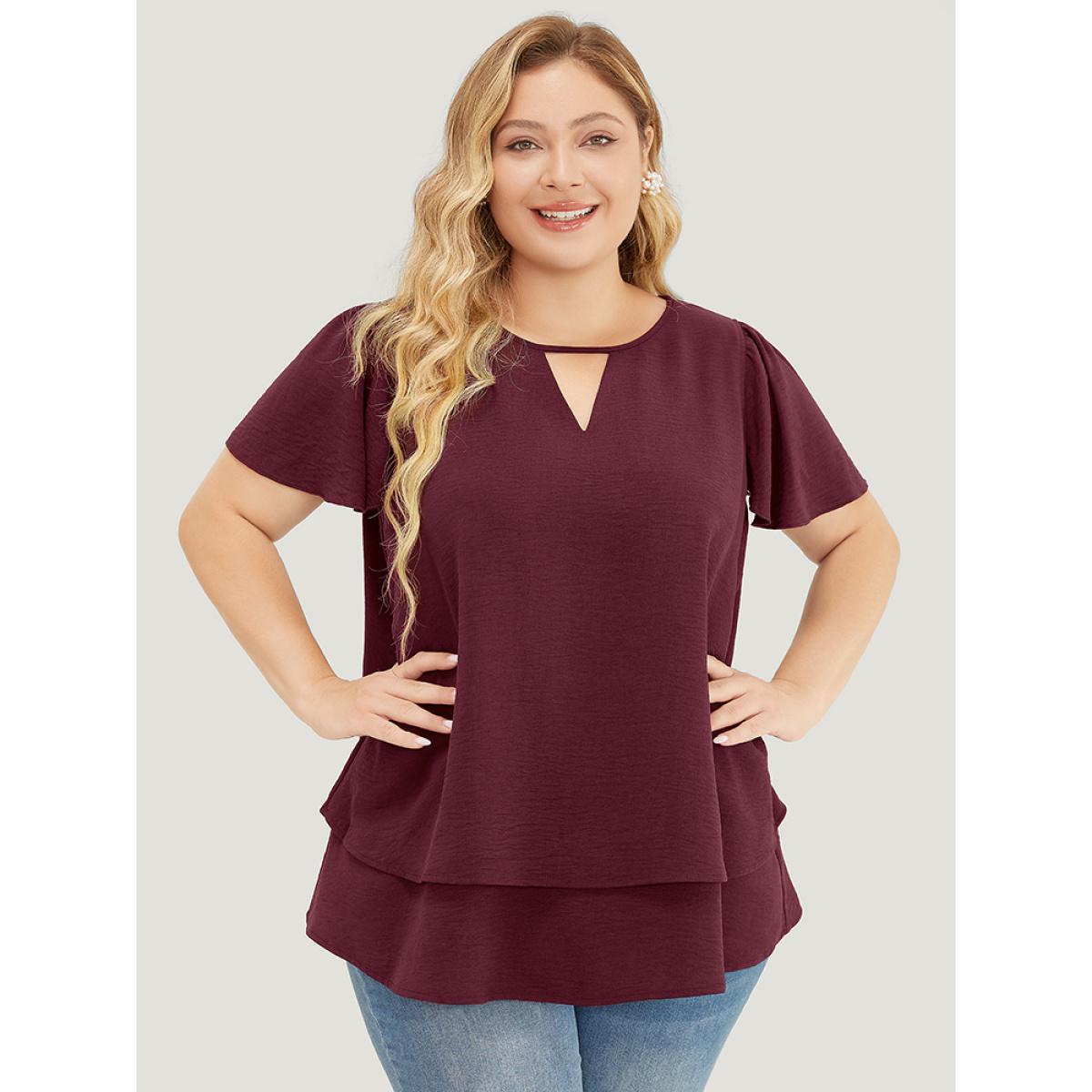 Plus Size Scarlet Solid Flutter Sleeve Keyhole Layered Hem Blouse Women Office Short sleeve V-neck Work Blouses BloomChic 18-20/2X Product Image