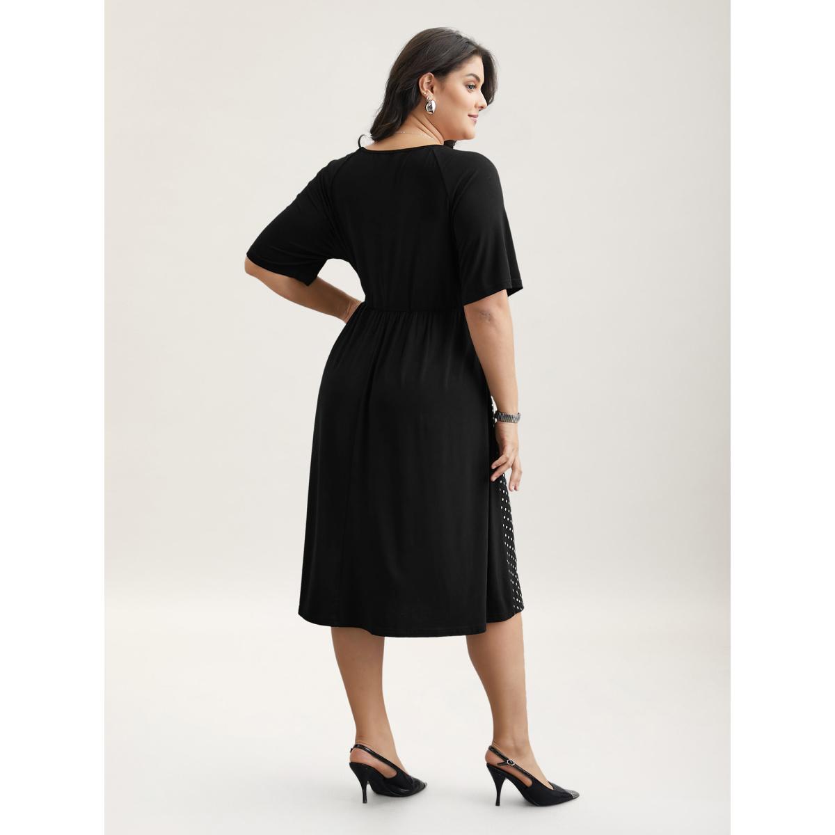 Plus Size Supersoft Polka Dot Waist-Cinched Midi Dress BlackFlower Women At the Office Patchwork Knit Dresses Bloomchic 28/5X Product Image