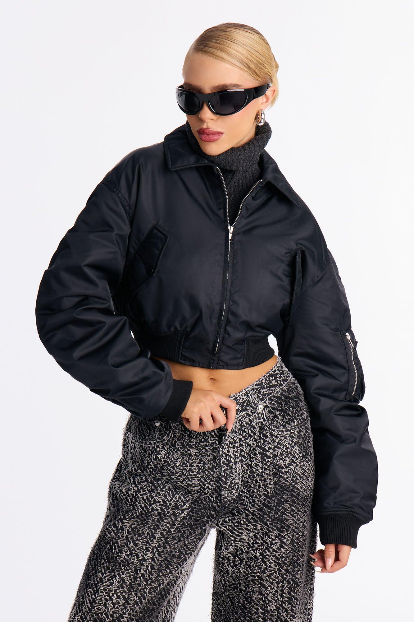 Cause A Scene Cropped Bomber Jacket - Black Female Product Image