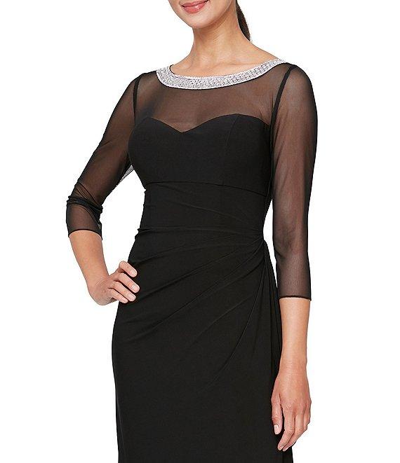 Alex Evenings Illusion Mesh 3/4 Sleeve Round Neck Side Slit Ruched Gown Product Image