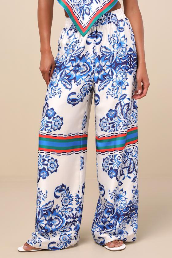 Tulla White and Blue Floral Satin Wide-Leg Pants Product Image
