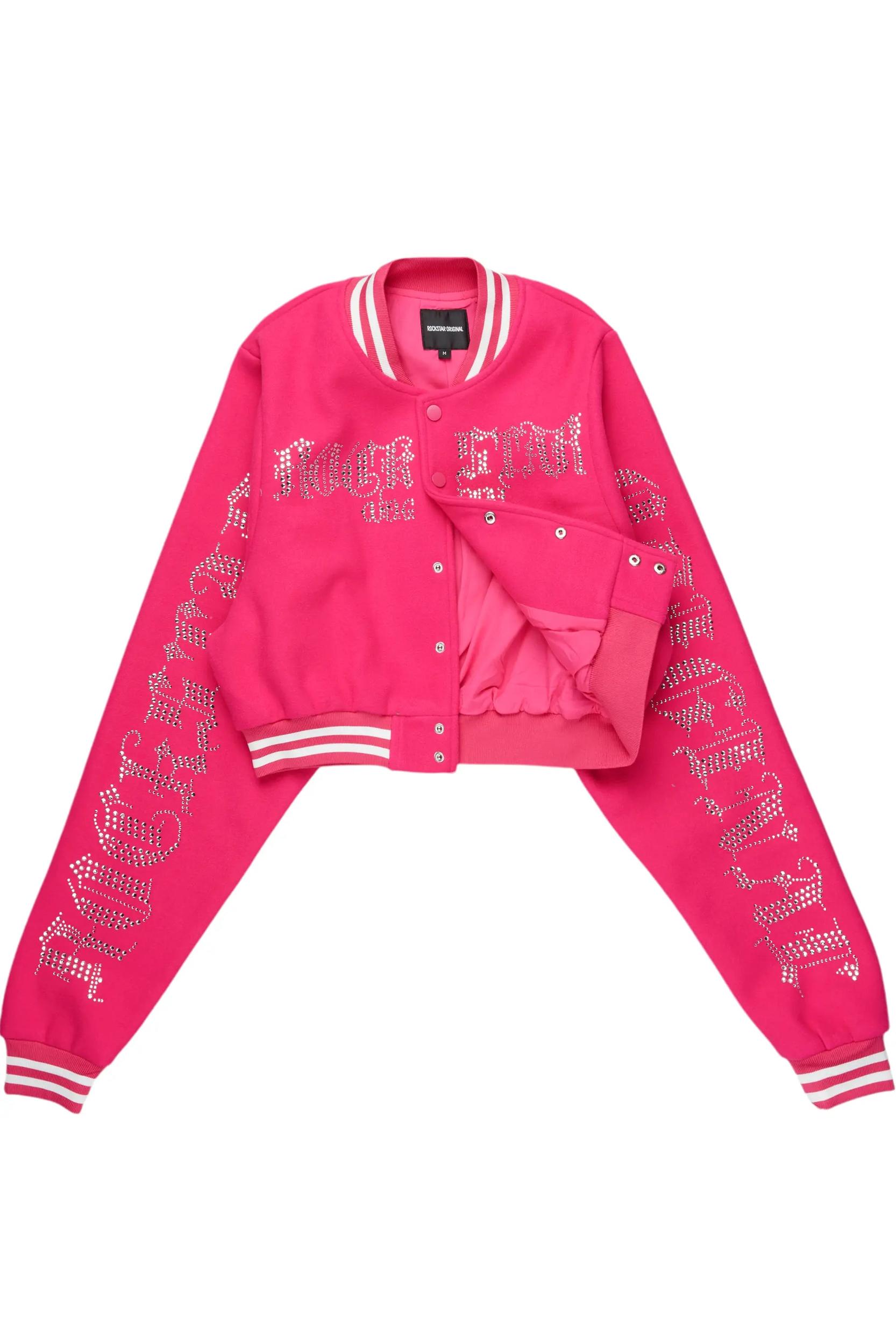 Gianni Hot Pink Crop Rhinestone Varsity Jacket Female Product Image