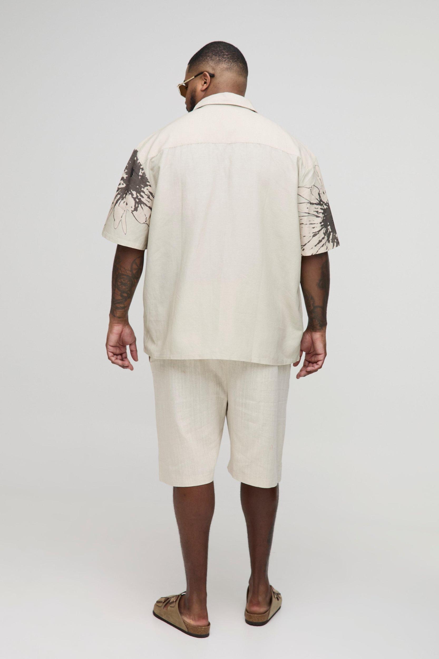 Plus Oversized Linen Look Placement Floral Shirt | boohooMAN USA Product Image
