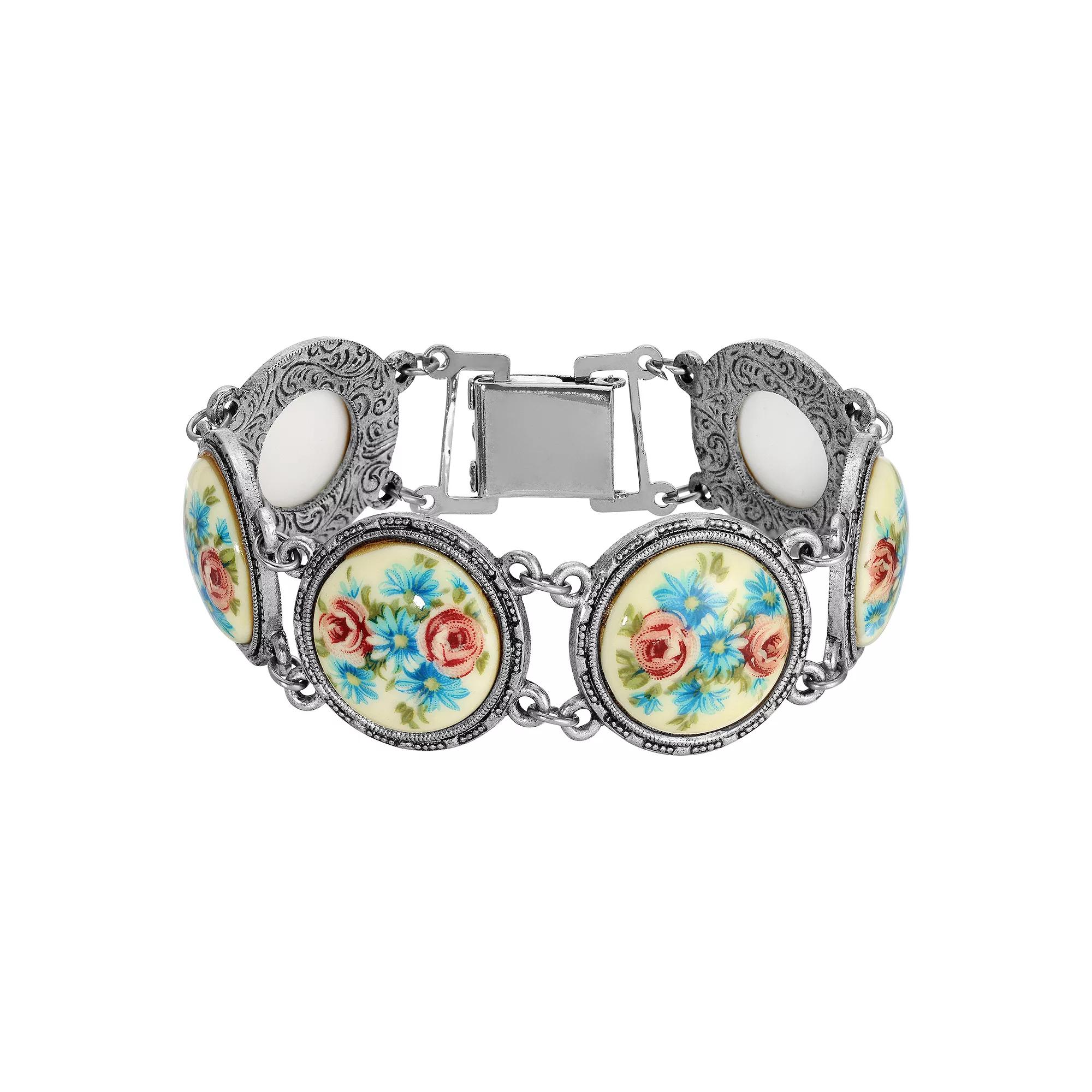 1928 Silver Tone Blue and Pink Rose Round Stone Link Bracelet, Women's Product Image