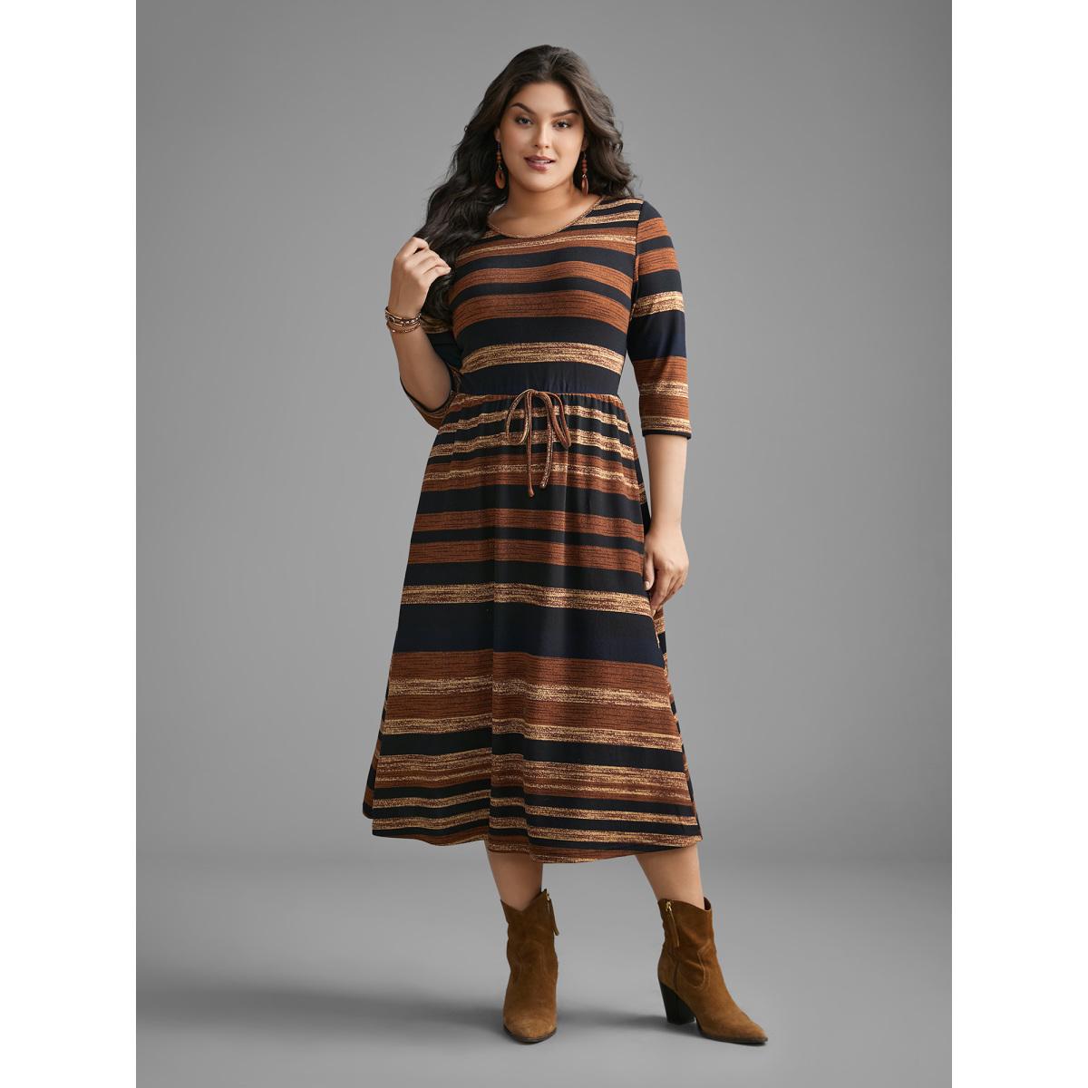 Plus Size Striped Elastic Waist Tie Knot Dress Yellowishbrown Women Resort Tie knot Round Neck Elbow-length sleeve Curvy BloomChic 26/4X Product Image