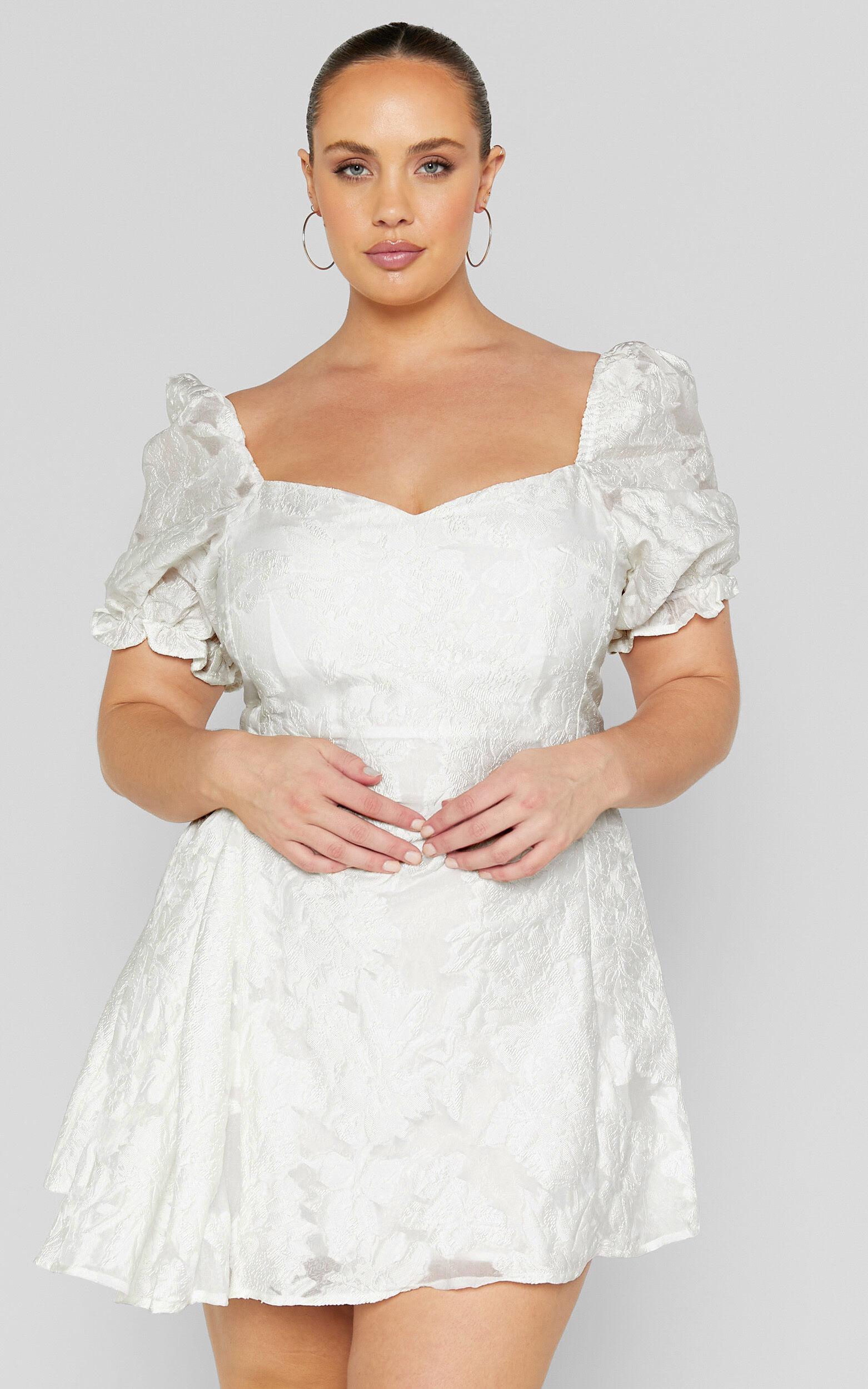 Brailey Mini Dress - Puff Sleeve Fit and Flare Dress in White Product Image