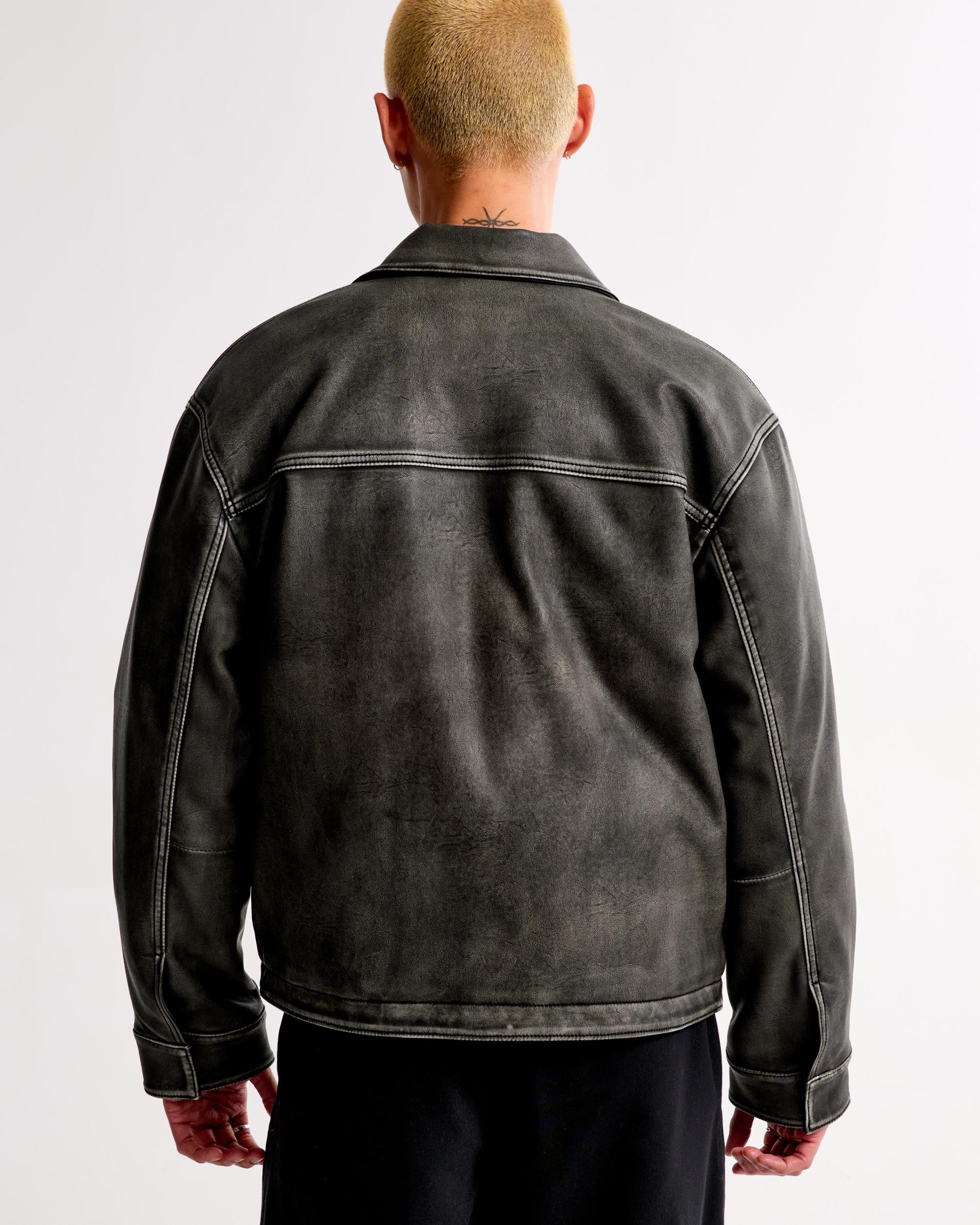 Cropped Vegan Leather Zip Trucker Jacket Product Image