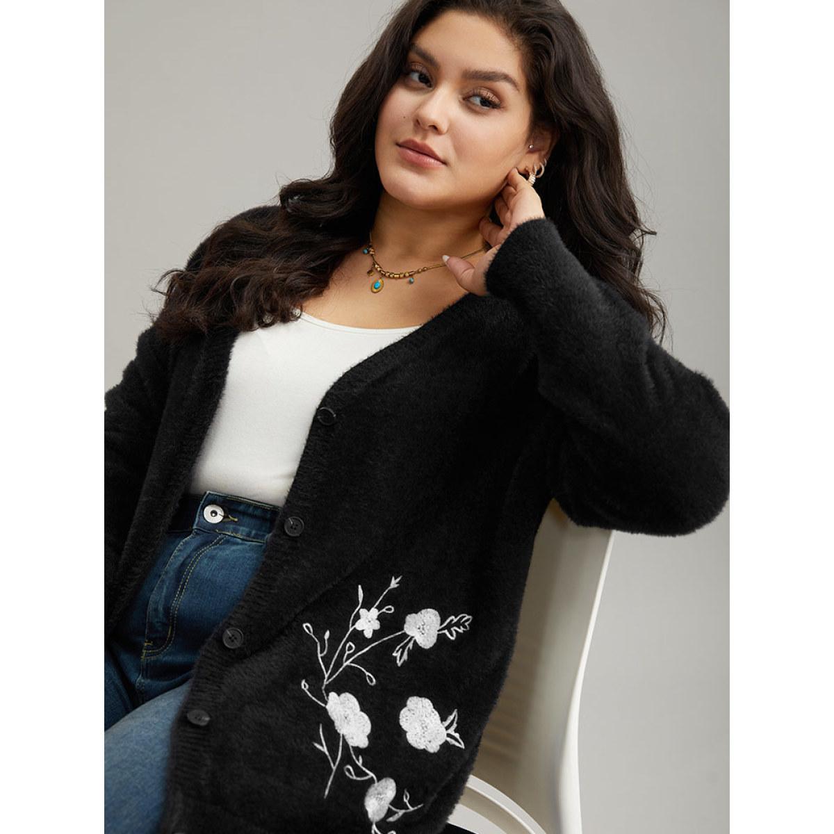 Plus Size Floral Embroidered Fuzzy Open Front Cardigan Black Women Casual Loose Long Sleeve Everyday Cardigans BloomChic 26/4X Product Image