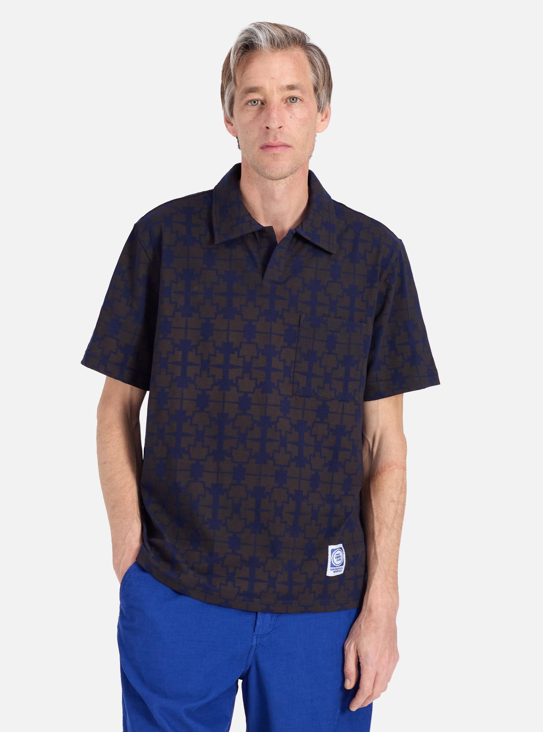 Universal Works Newlyn Polo Tee in Navy/Brown Mitla Print Jersey Product Image