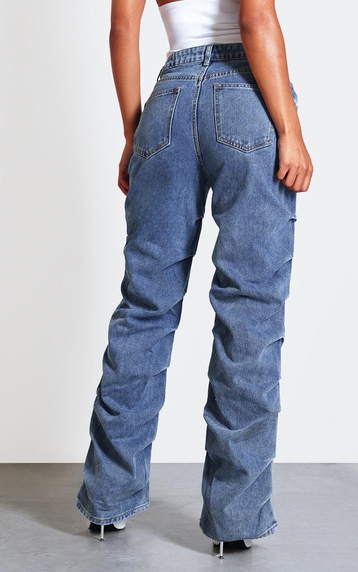 Vintage Wash Ruched Straight Leg Denim Jeans Product Image